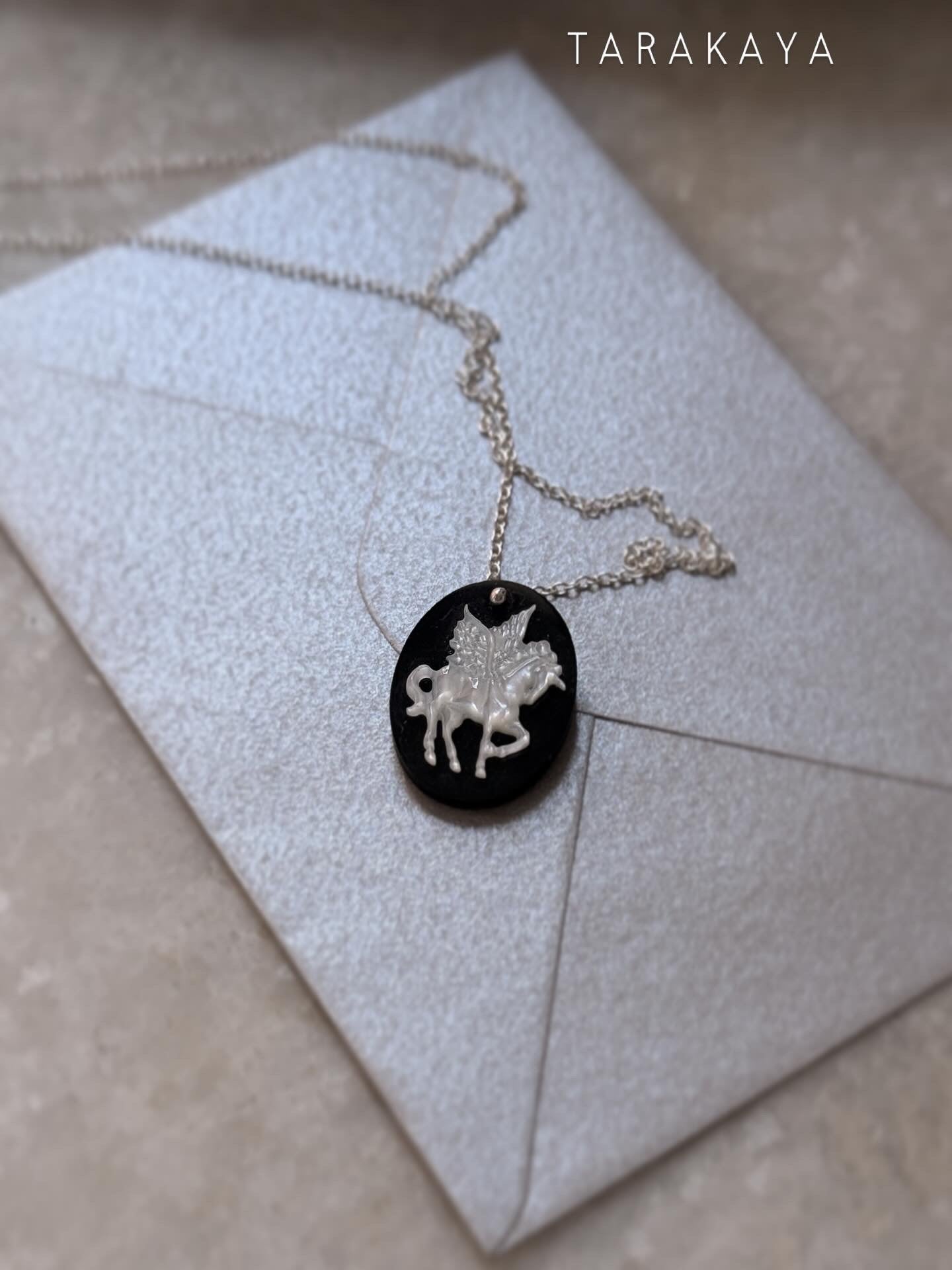925 Sterling Silver Black Onyx, Mother of Pearl Unicorn Carved Handcrafted Necklace