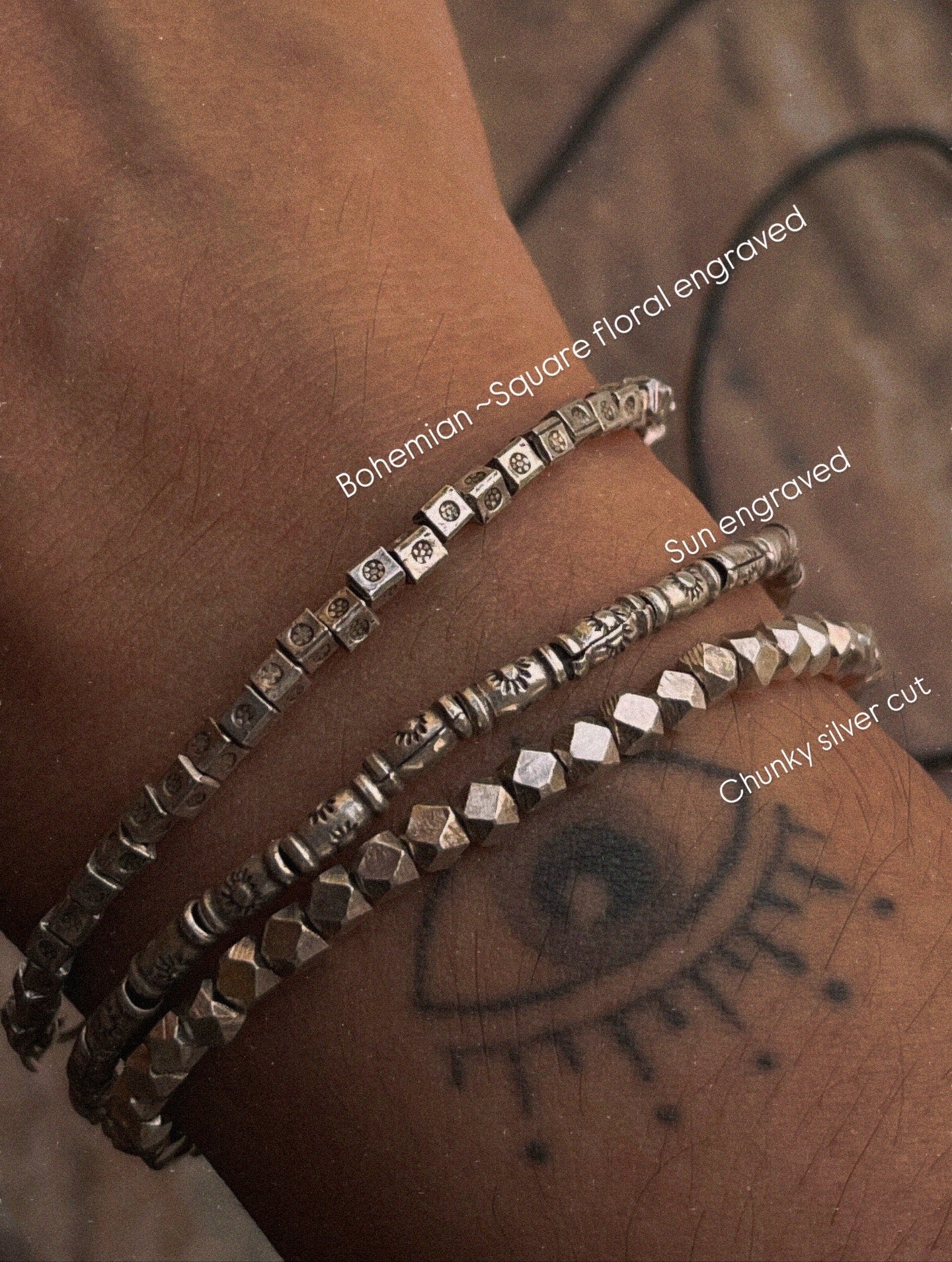 Sun Engraved Cylinder Handcrafted Stackable Sterling Silver 925 Bracelet