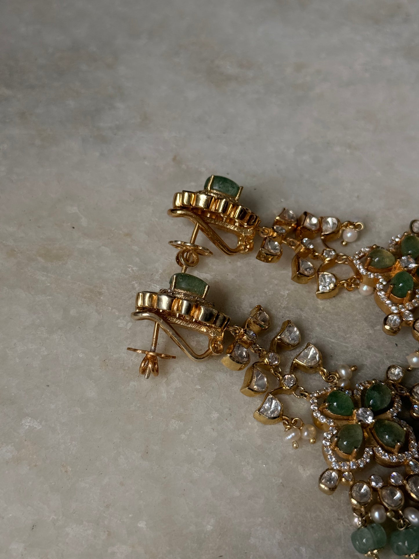 925 Sterling Silver Gold Plated Antique Moissanite Polki Green Onyx , Fresh Water Pearls Statement Earrings
