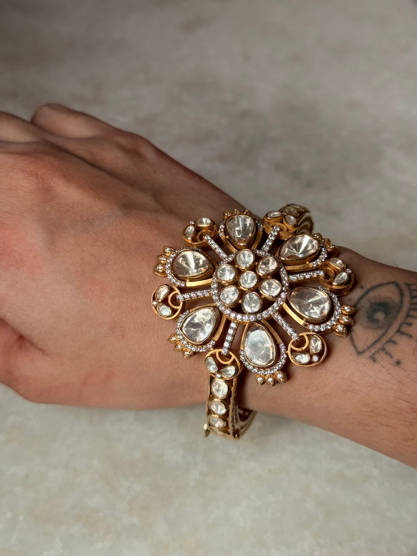 925 Sterling Silver Gold Plated Antique Moissanite Polki Statement Cuff Bracelet 