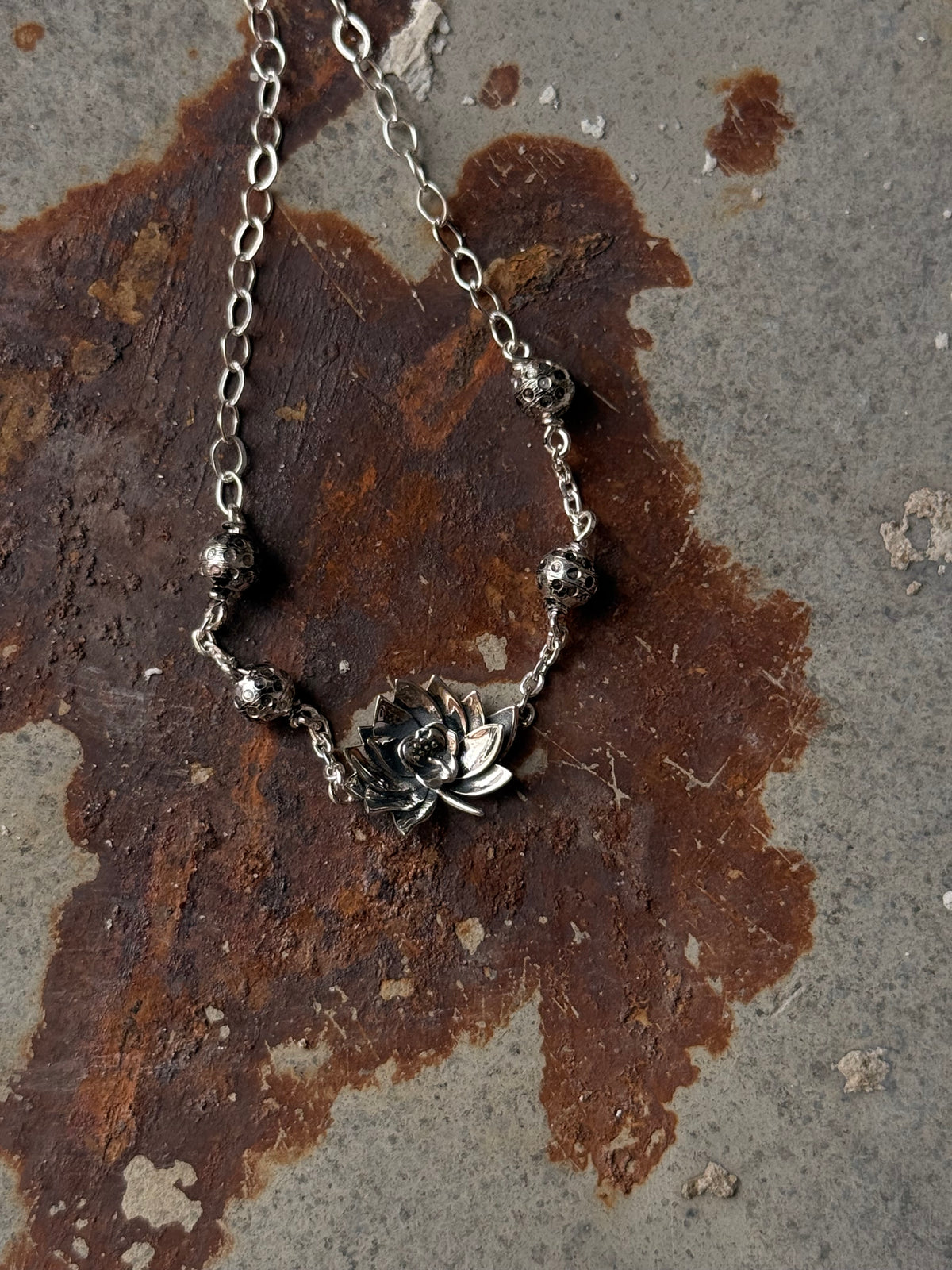 925 Sterling Silver Divine Lotus Ball Oxidised Finish Anklet
