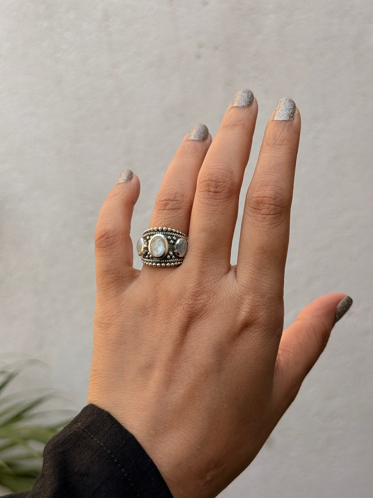 925 Sterling Silver Moonstone 3 Stone Boho Statement Handcrafted Ring
