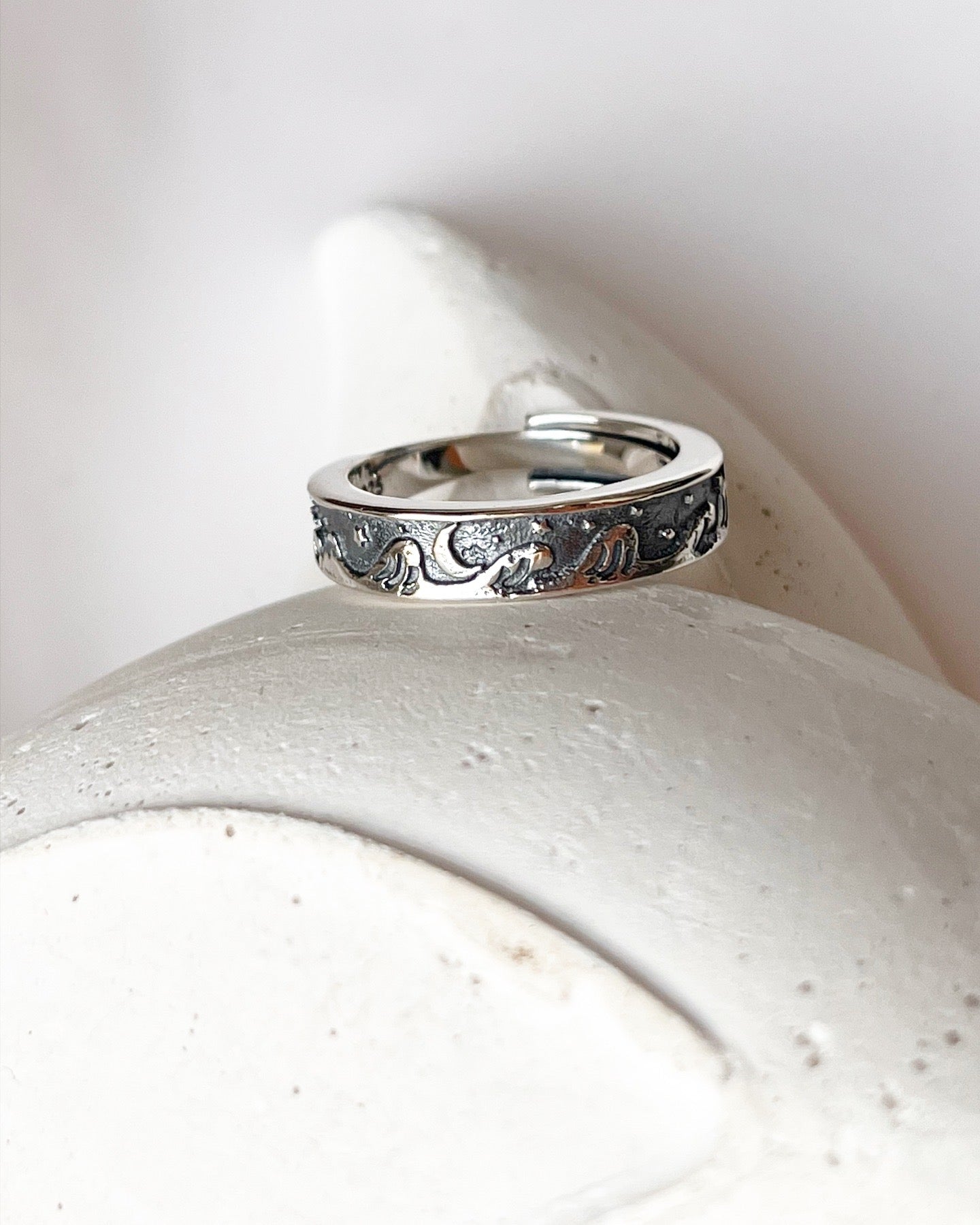 Ocean and Celestial-Themed Adjustable Silver Ring with Moon and Stars