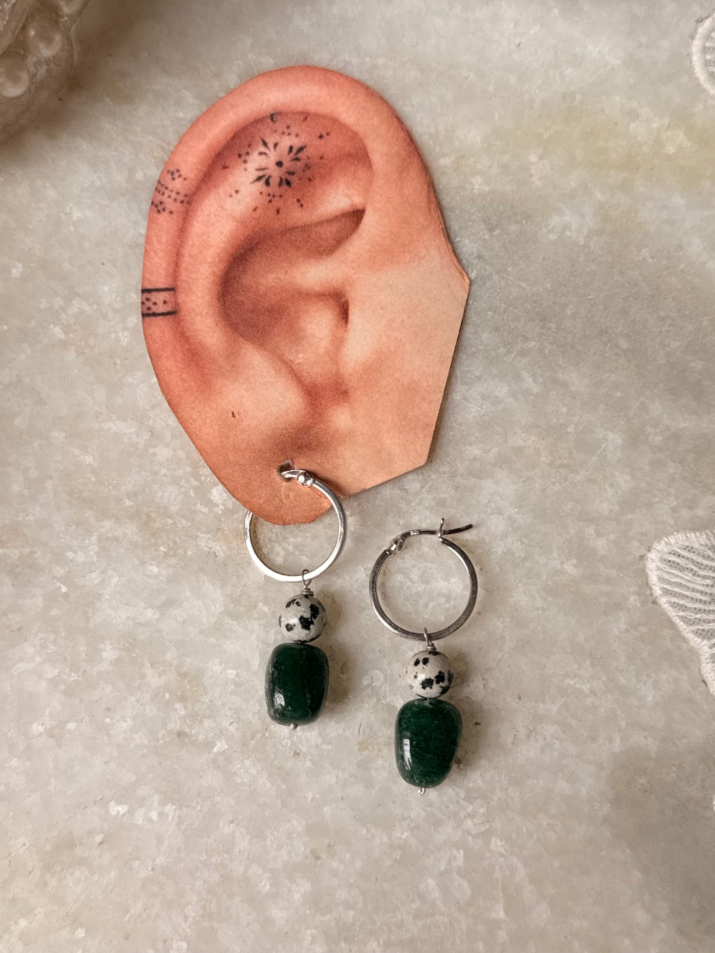 925 Sterling Silver Green Aventurine & Dalmation Jasper Hoops Earrings