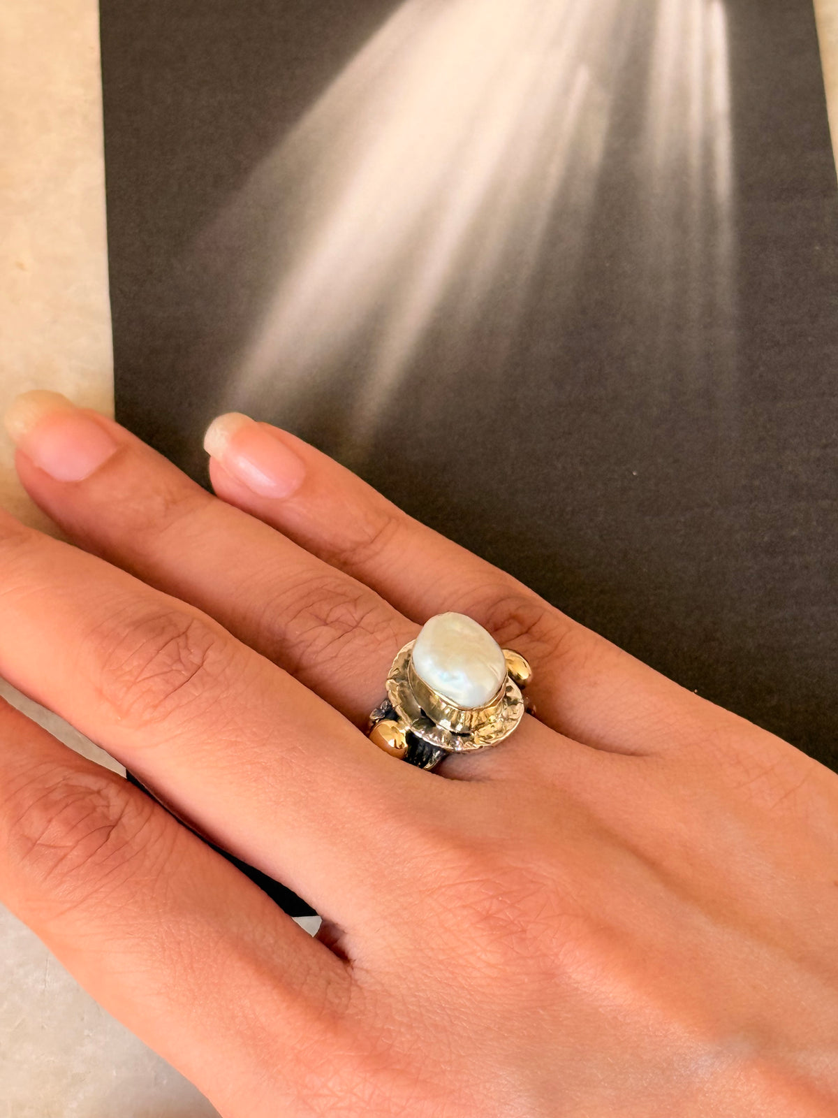 925 Sterling Silver Baroque Pearl Rustic Fusion Handcrafted Ring