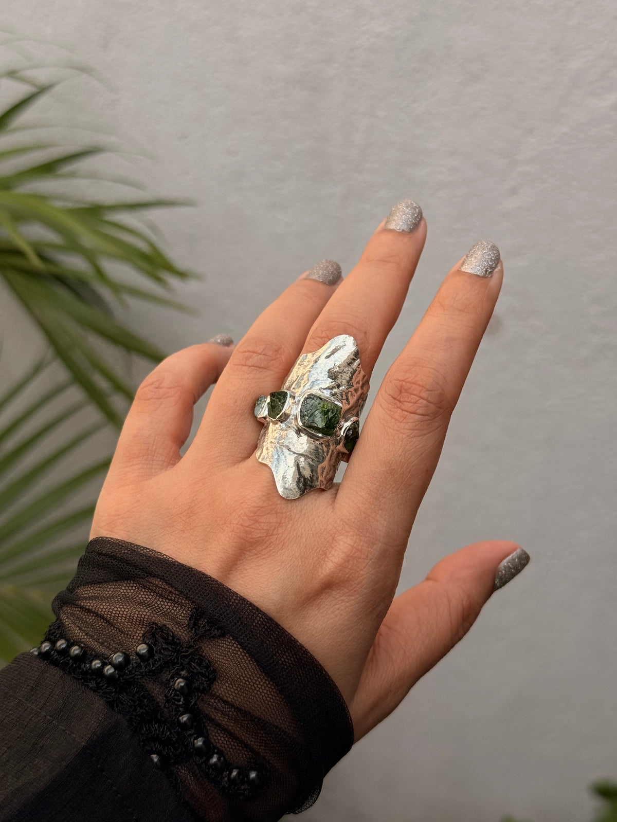 925 Sterling Silver Green Tourmaline Raw Uncut Molten Textured Statement Handcrafted Ring