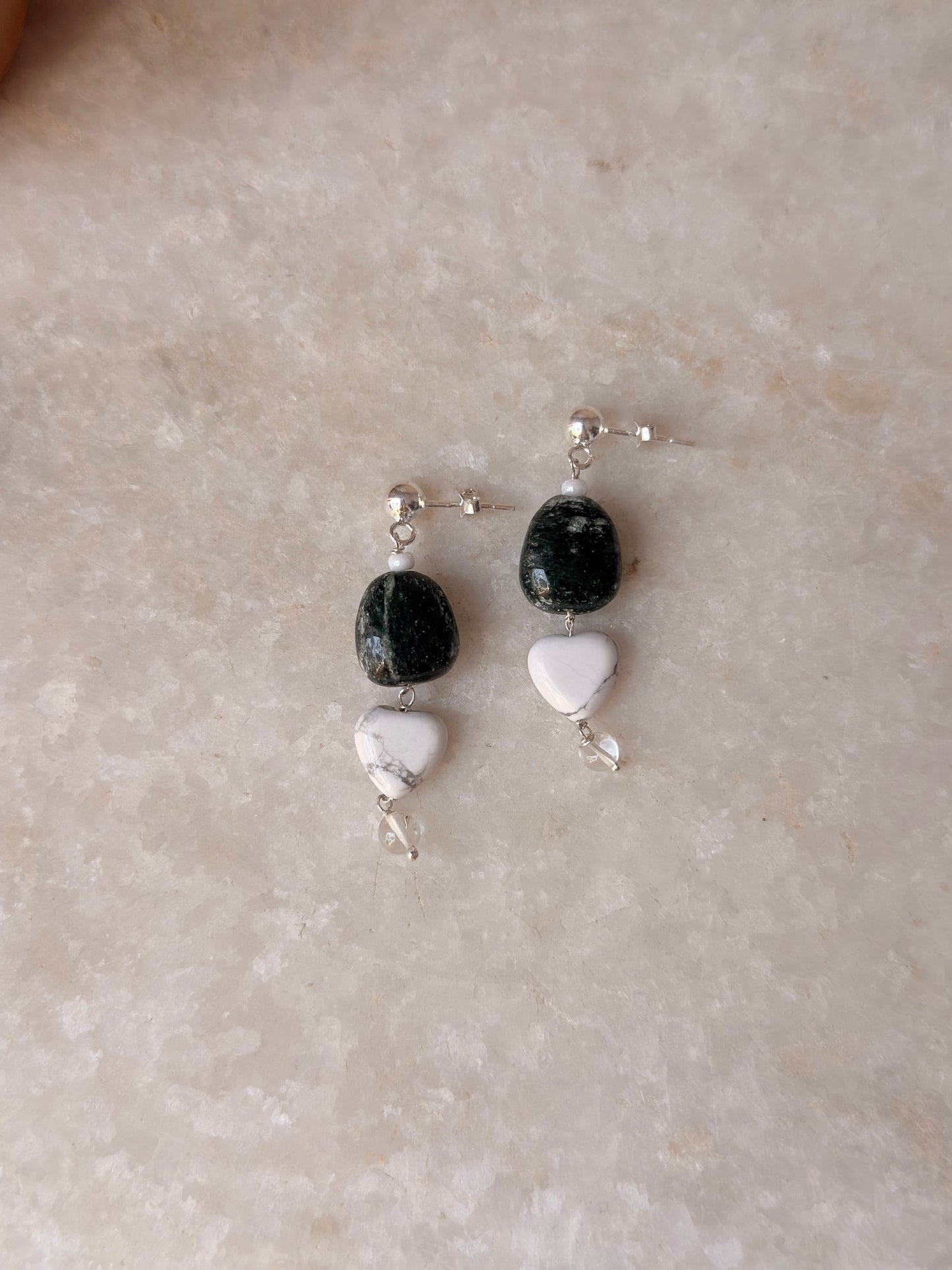 925 Sterling Silver Green Aventurine, Howlite & Clear Quartz Earrings