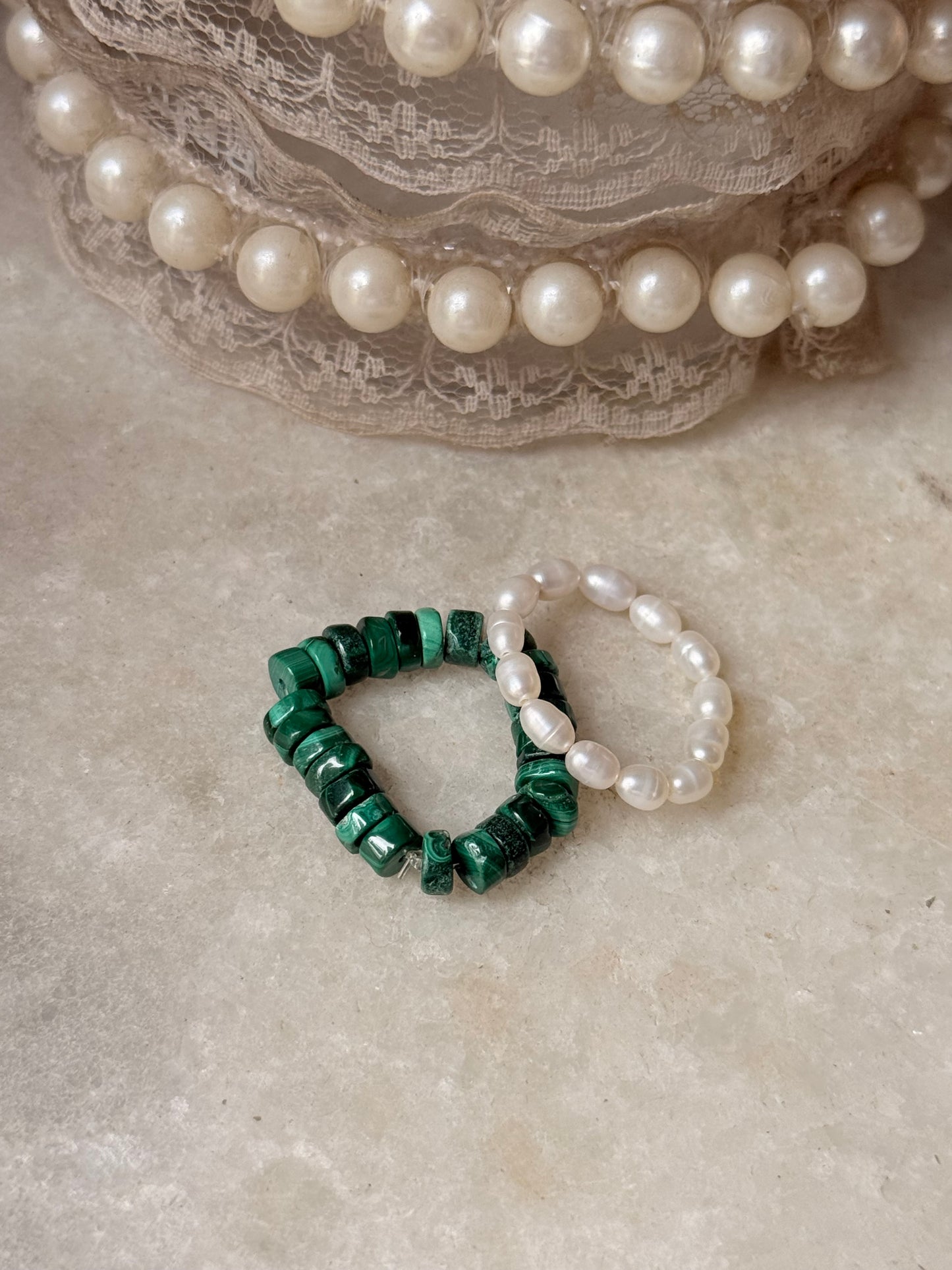 Natural Crystal Stretchy Malachite Flat 3-4mm & Fresh Water Pearl Rings
