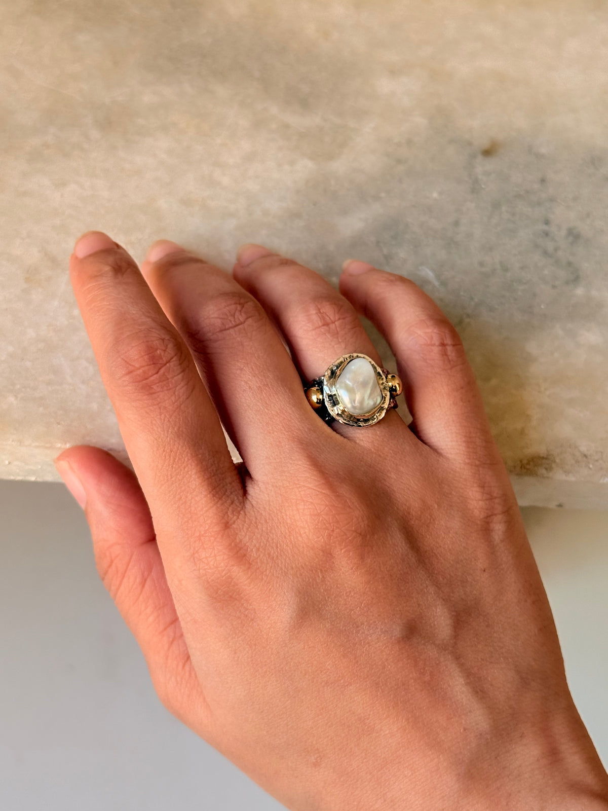 925 Sterling Silver Baroque Pearl Rustic Fusion Handcrafted Ring