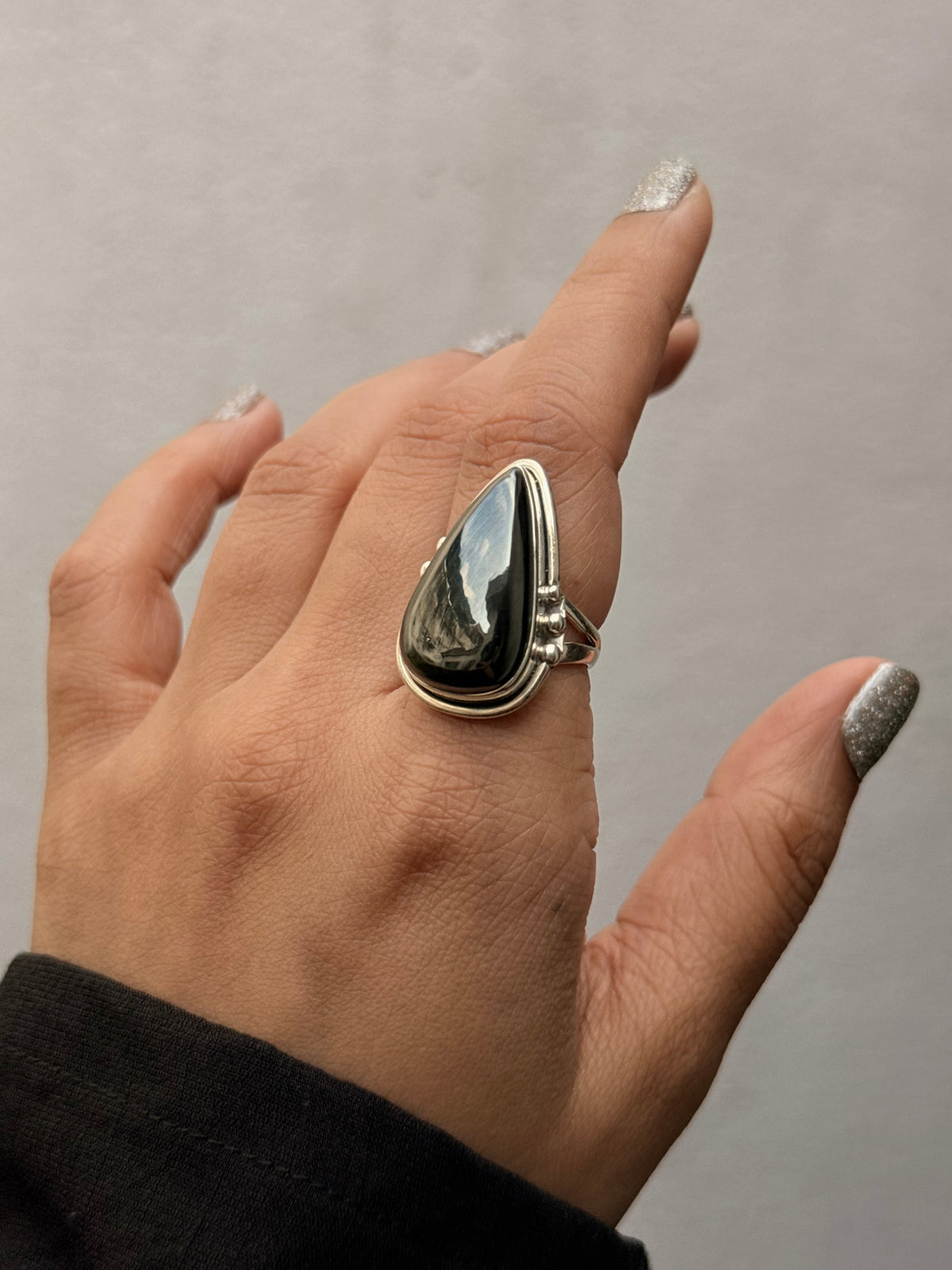 925 Sterling Silver Hematite Pear Statement Ring