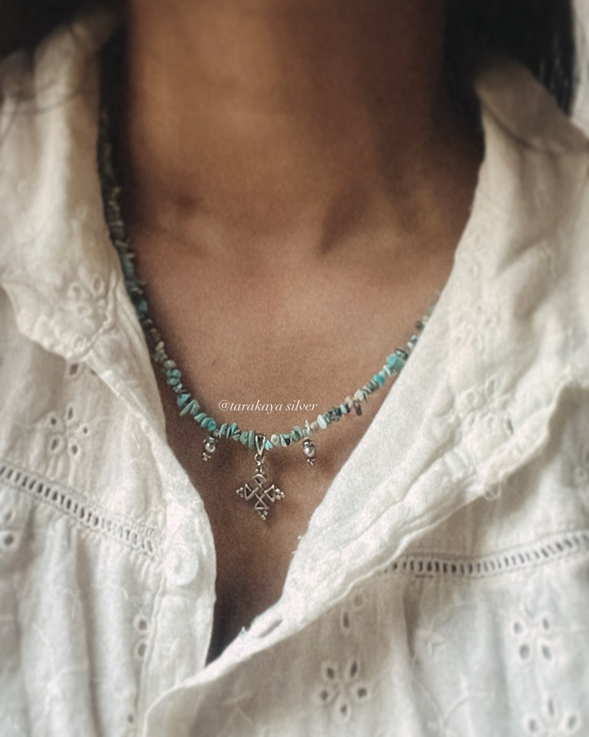 Natural Turquoise Tribal Kolam Boho 925 Sterling Silver Handmade Necklace