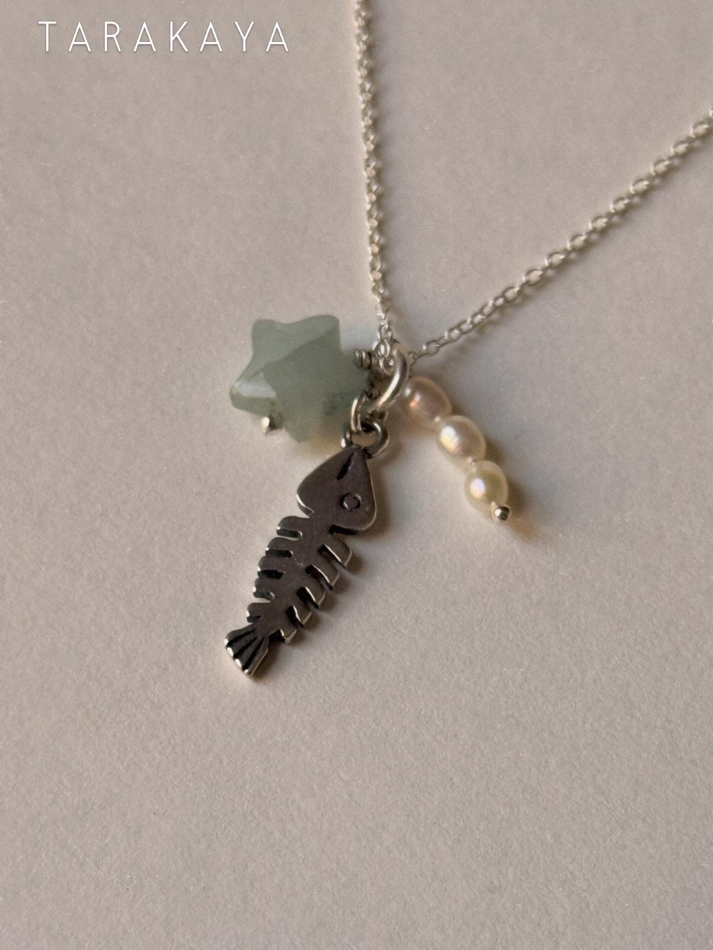 925 Sterling Silver Aquamarine Star, Fresh Water Pearls & Fish Bone Charm Handcrafted Necklace