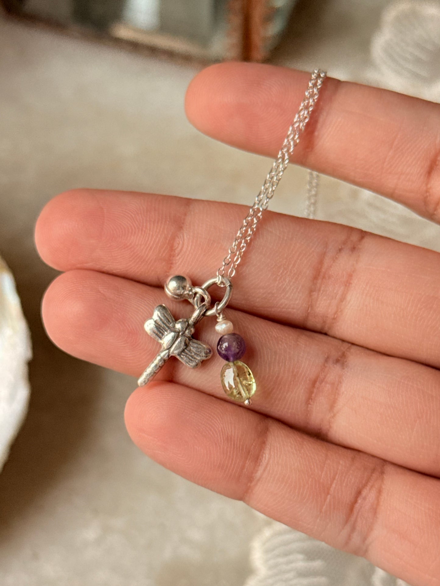 925 Sterling Silver Peridot, Amethyst Crystal Charms, Silver Dragonfly  & Ball Charm Dainty Chain Necklace