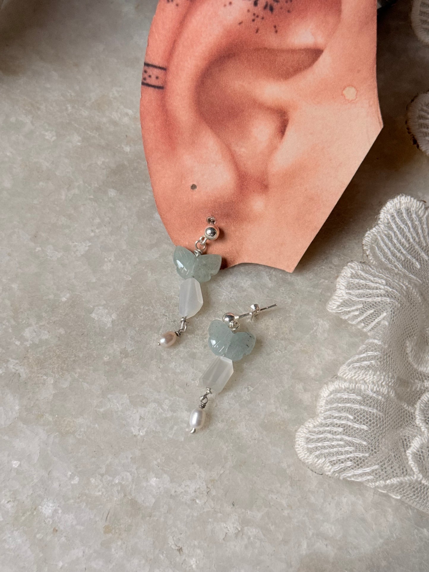 925 Sterling Silver Aquamarine Butterfly Moonstone Fresh Water Pearl Studs Earrings