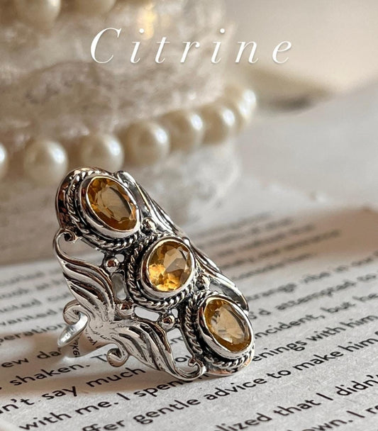 3 Stone Citrine Statement Silver Ring