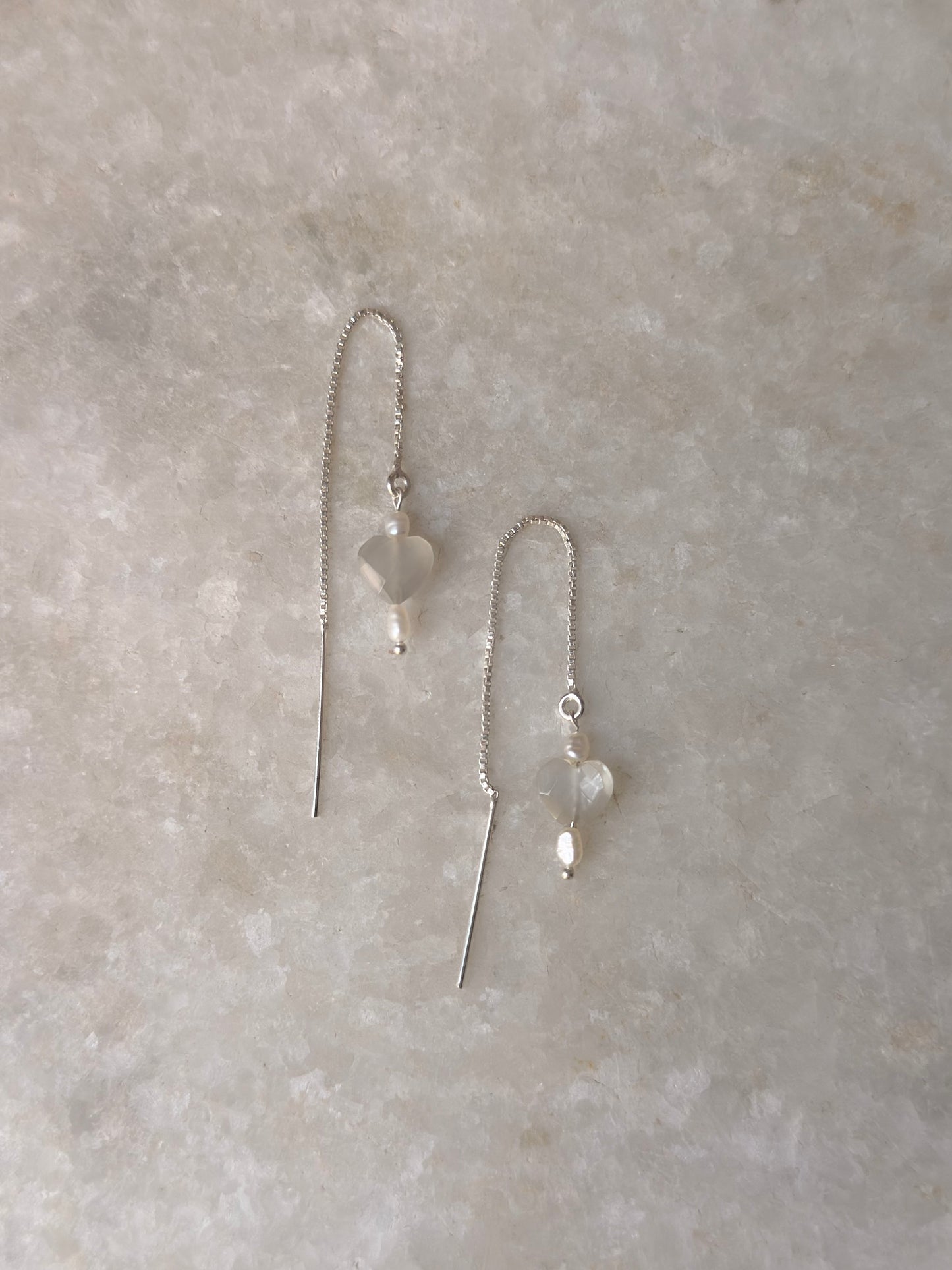 925 Sterling Silver Grey Moonstone Heart with Pearl Threader Earrings