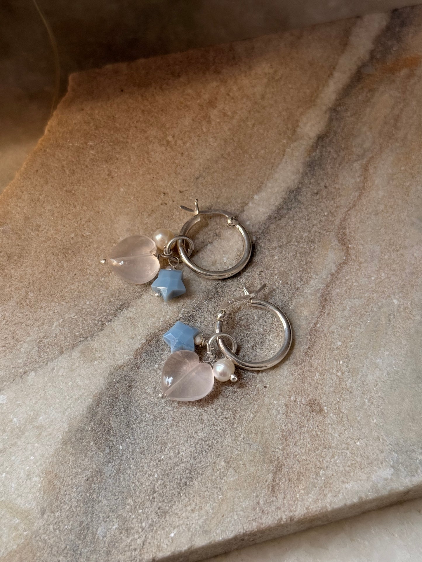 925 Sterling Silver Rose Quartz Heart, Opal Star and Fresh Water Pearl Handcrafted Hoops