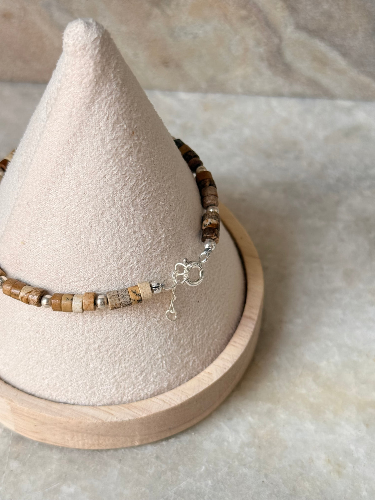 925 Sterling Silver Picture Jasper Flat Tube Crystal Silver Balls Bracelet
