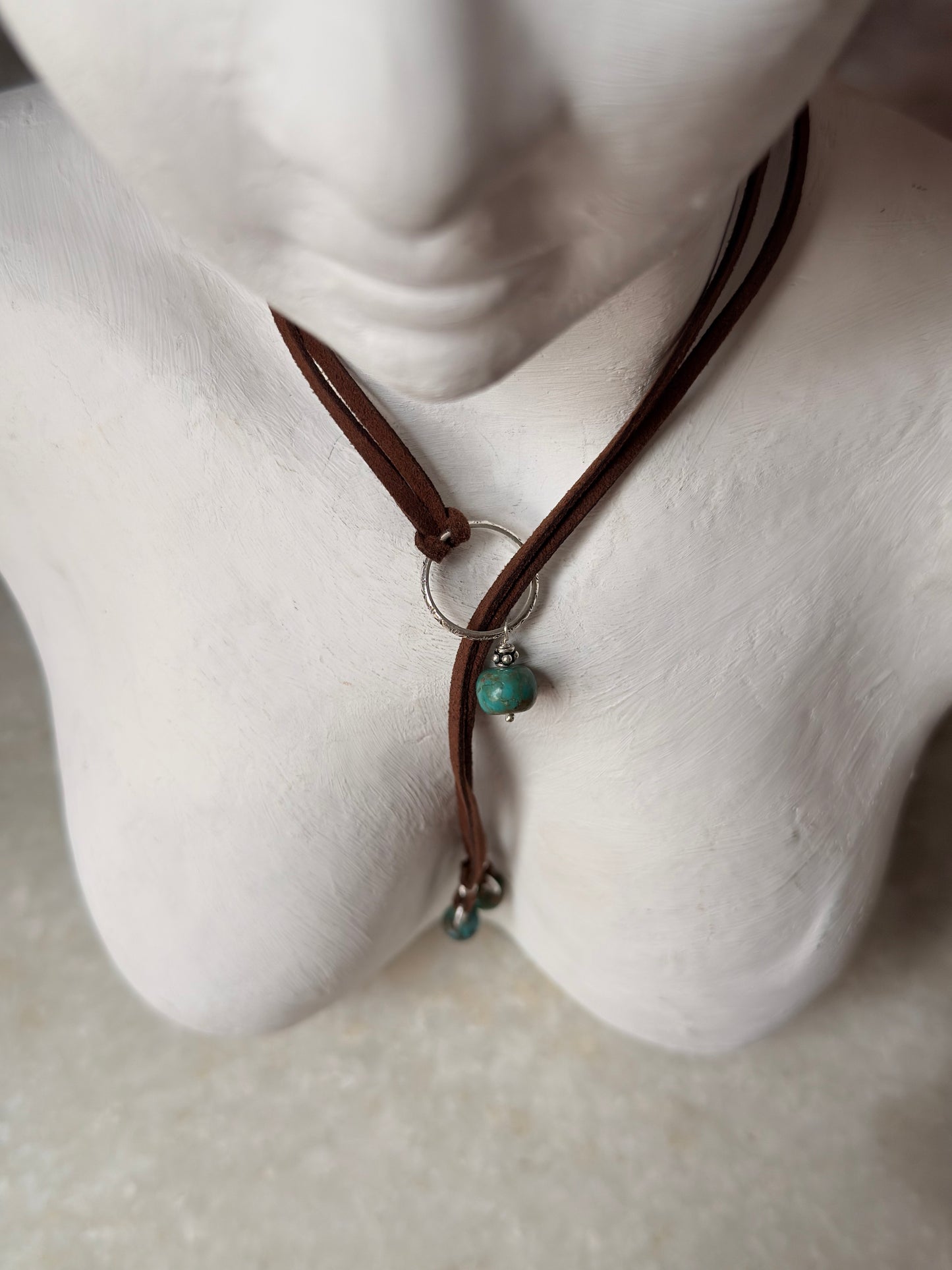 925 Sterling Silver Tribal Engraved with Turquoise Charm Brown Cord Leather Necklace