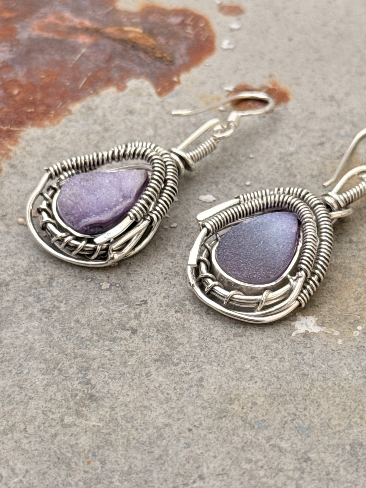 925 Sterling Silver Purple Geode Shiney Wire Wrap Gothic Handcrafted Hook Earrings