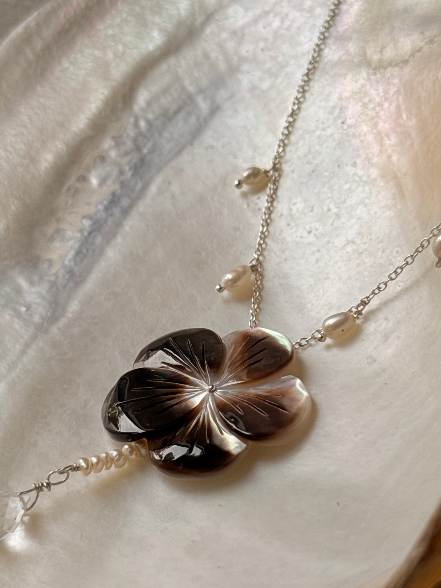 925 Sterling Silver Brown Mother Of Pearl Flower Carved , Fresh Water Pearls Charms & Clear Quartz Drop Handcrafted Dainty Necklace
