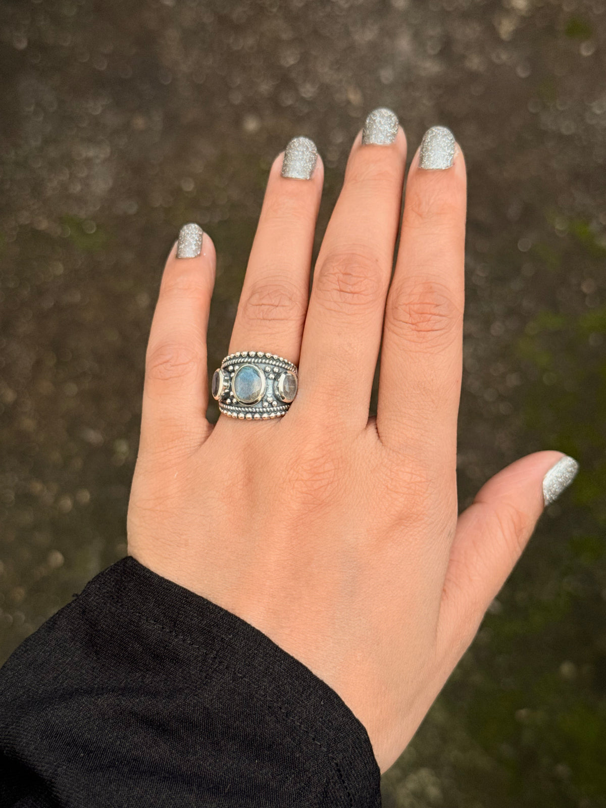 925 Sterling Silver Labradorite 3 Stones Boho Statement Stackable Ring