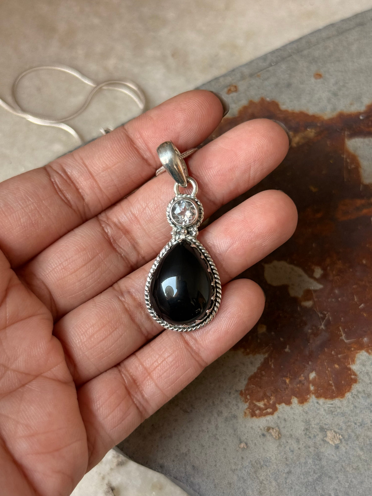 925 Sterling Silver Black Onyx Pear White Topaz Round Handcrafted One of a Kind Pendant