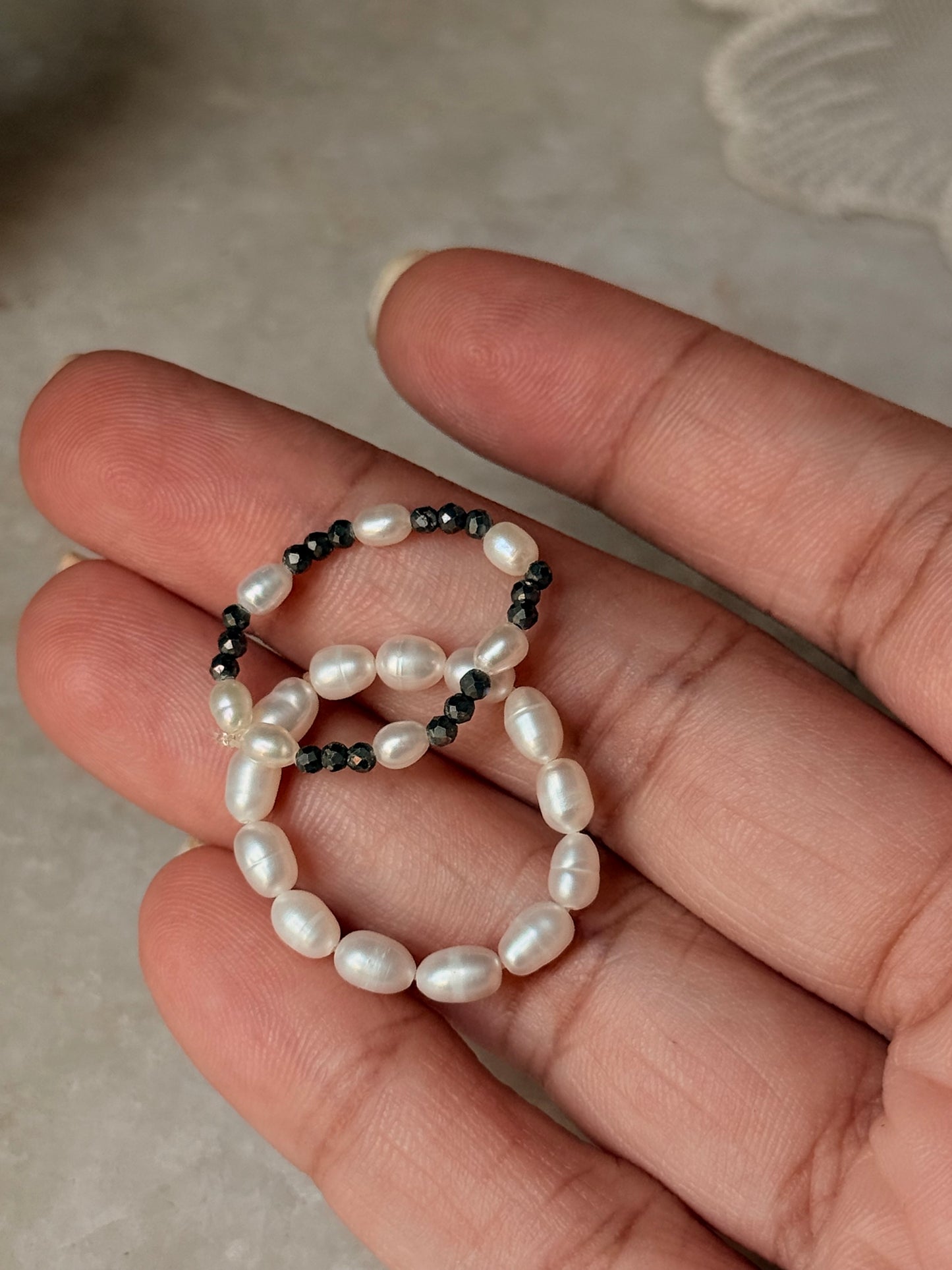 Natural Crystal Stretchy Fresh Water Pearl & Pyrite Pearl Rings