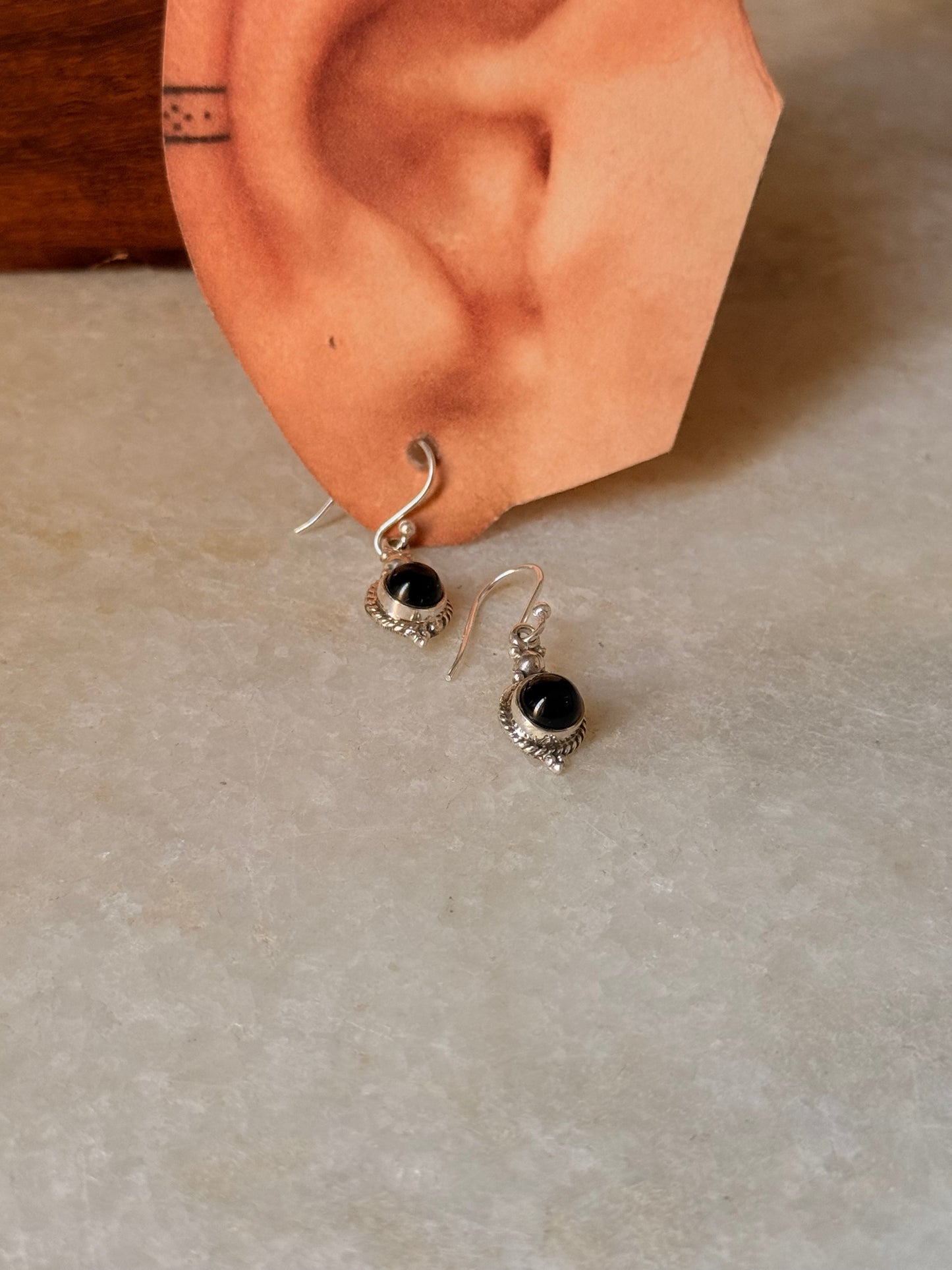 925 Sterling Silver Black Onyx Rope Handcrafted Boho Antique Style Hook Earrings