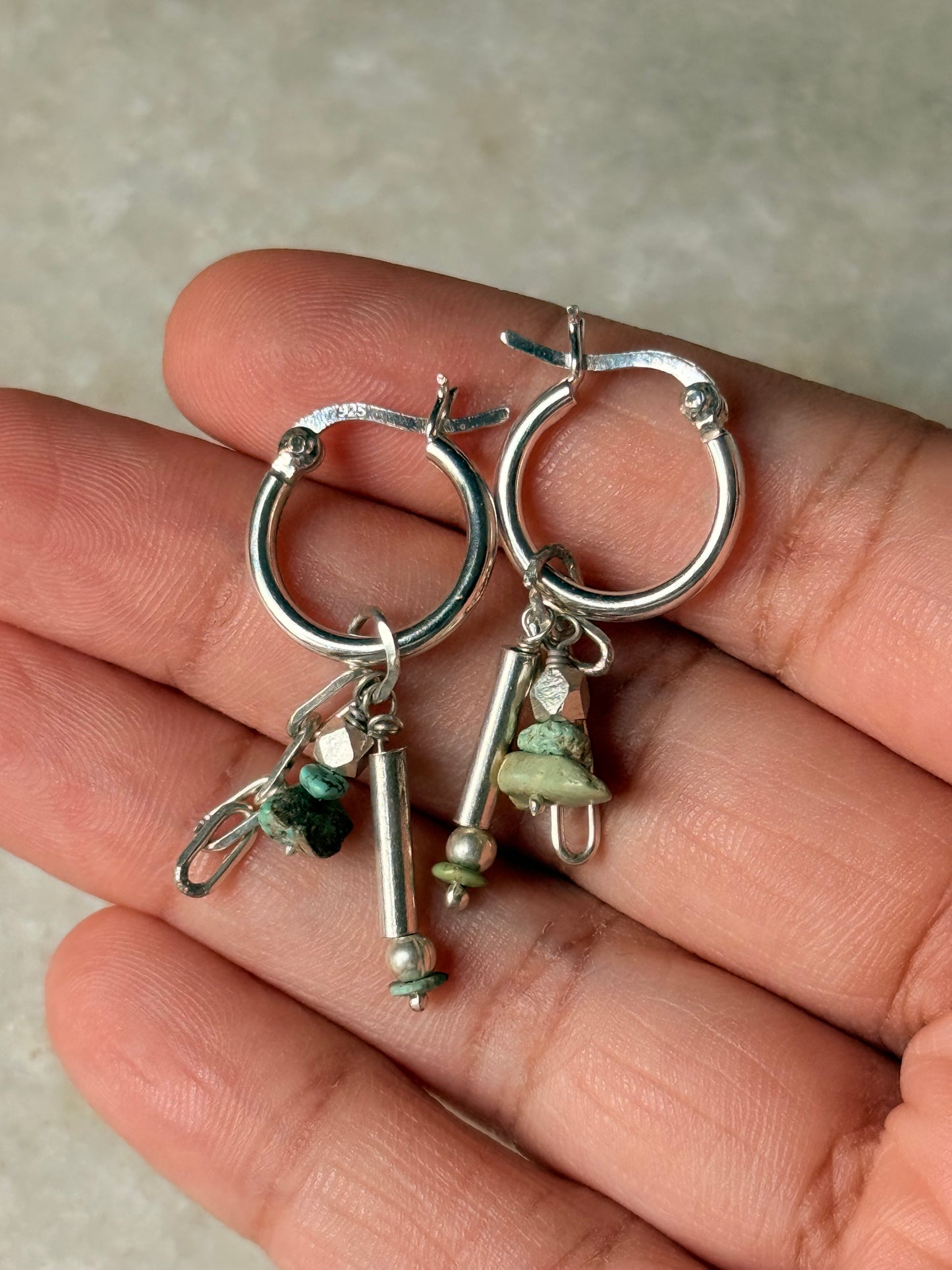 925 Sterling Silver Turquoise Beads, Silver Beads , Paper Clip Chain Hangings Removable Charms Self Designed Handcrafted Italian Hoops Earrings