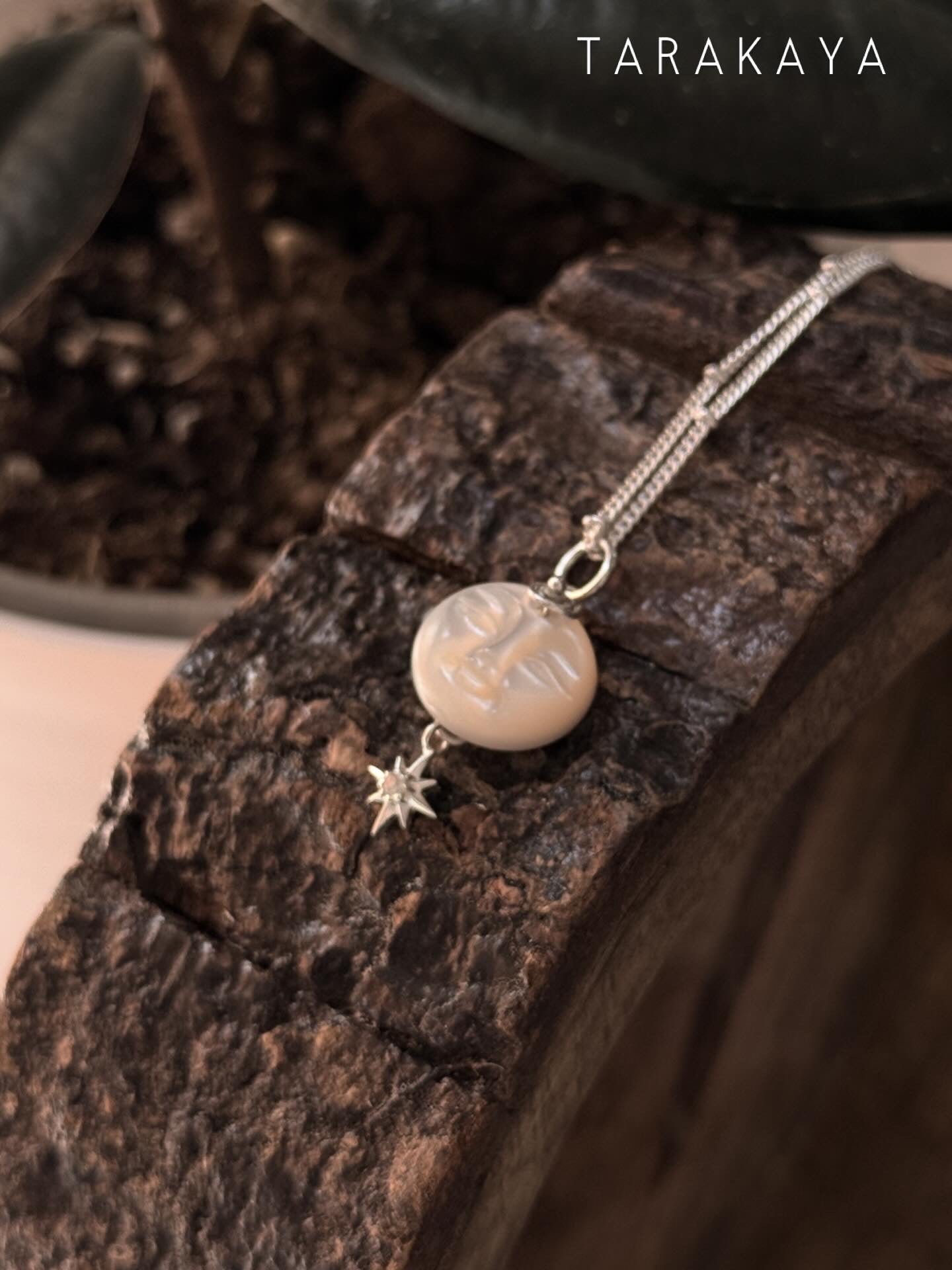 925 Sterling Silver Mother of Pearl Full Moon Face Carved White Topaz North Star Cable Dot Handcrafted Necklace