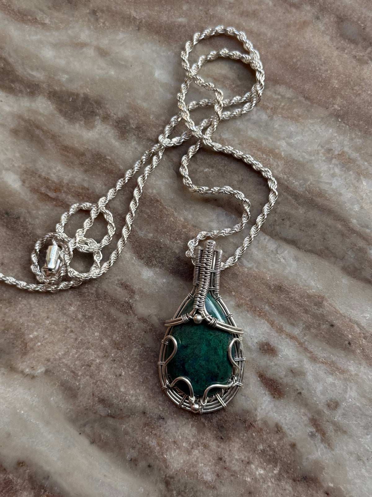925 Sterling Silver Azurite Pear Wire Wrapped Handcrafted One of a Kind Pendant