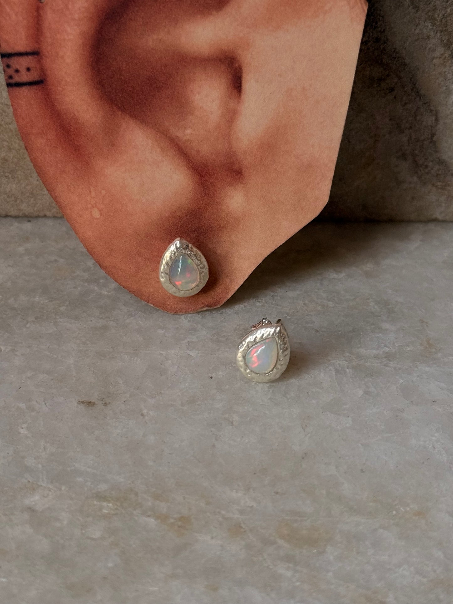 925 Sterling Silver Natural Ethiopian Opal Pear Hammered Earrings