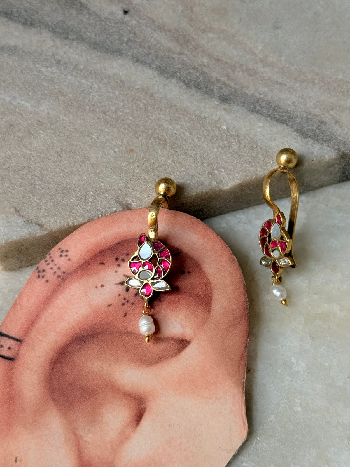 925 Sterling Silver Gold Plated Pink White Stone Kundan Polki & Fresh Water Pearls Charm Bugadi Ear Cuff
