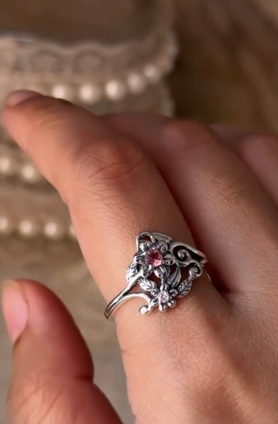 Handcrafted 925 sterling silver floral ring with pink tourmaline