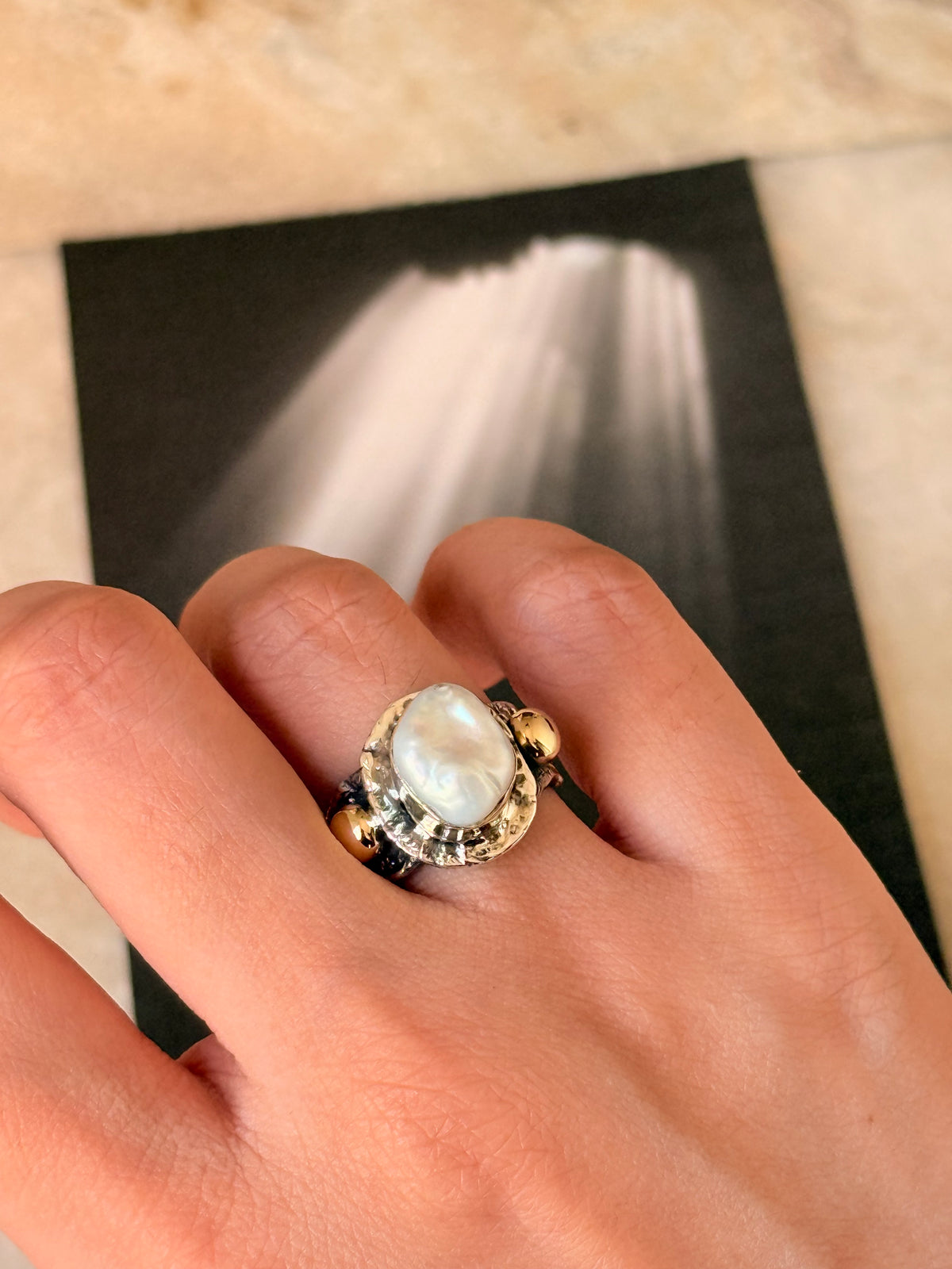 925 Sterling Silver Baroque Pearl Rustic Fusion Handcrafted Ring