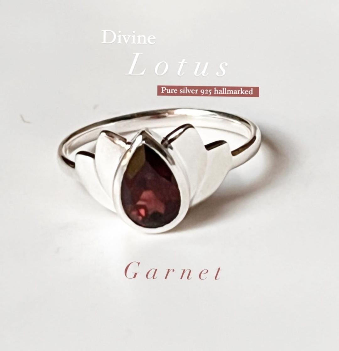 Garnet gemstone set in silver divine lotus ring