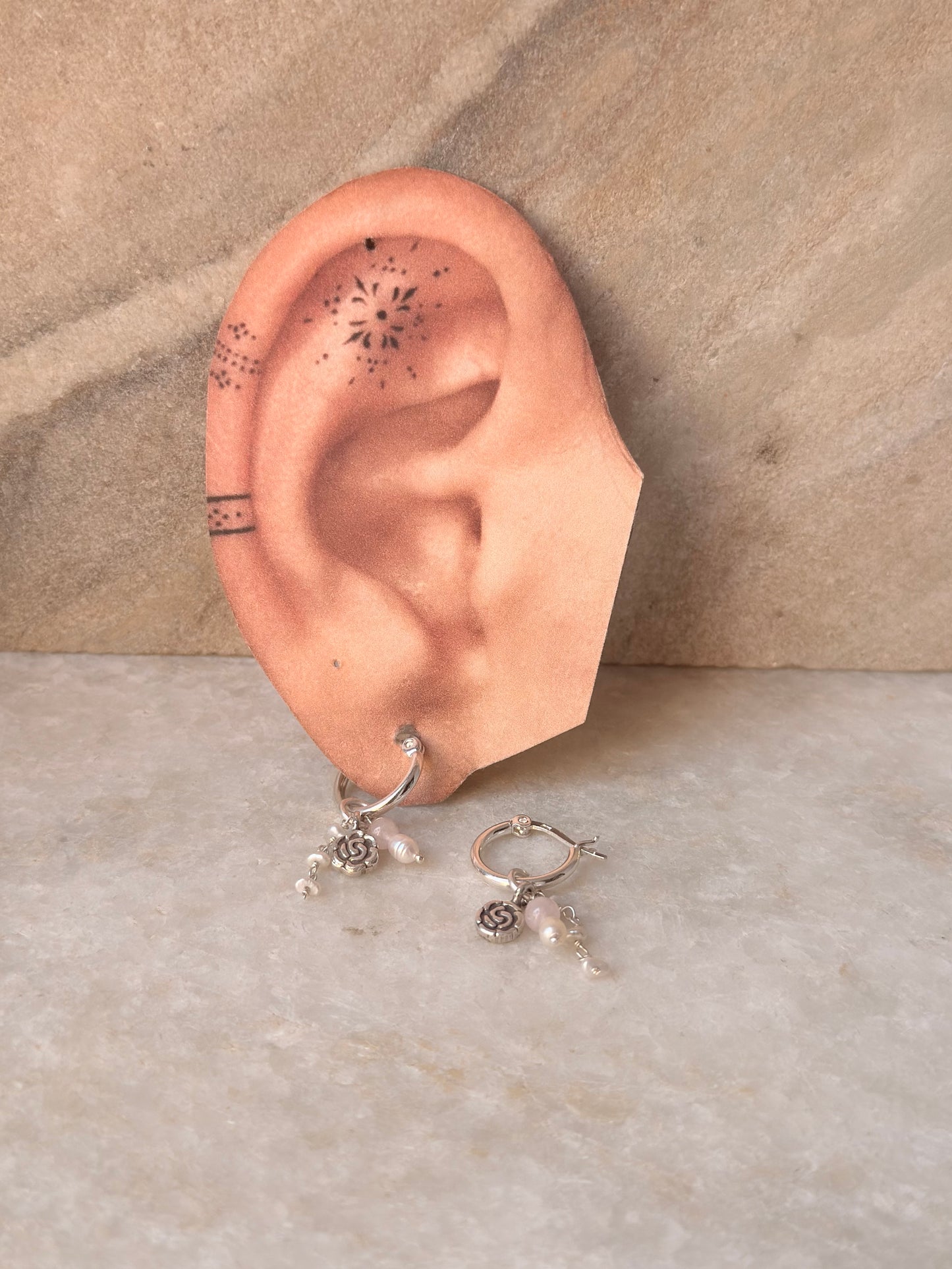 925 Sterling Silver Rose Quartz, Rose Beads & Pearl Italian Hoops
