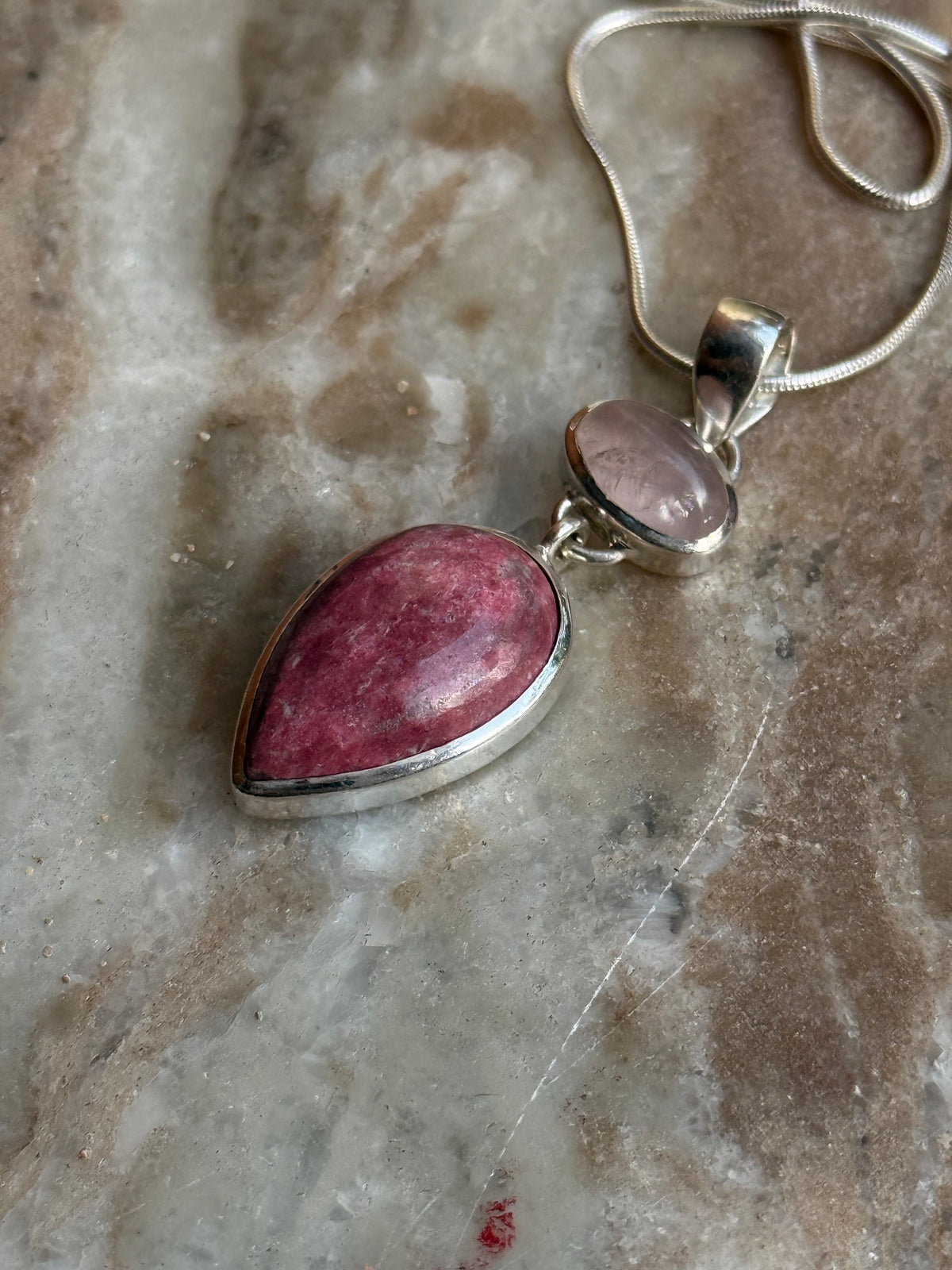 925 Sterling Silver Rose Quartz Oval, Rhodochrosite Pear Handcrafted One of a Kind Pendant