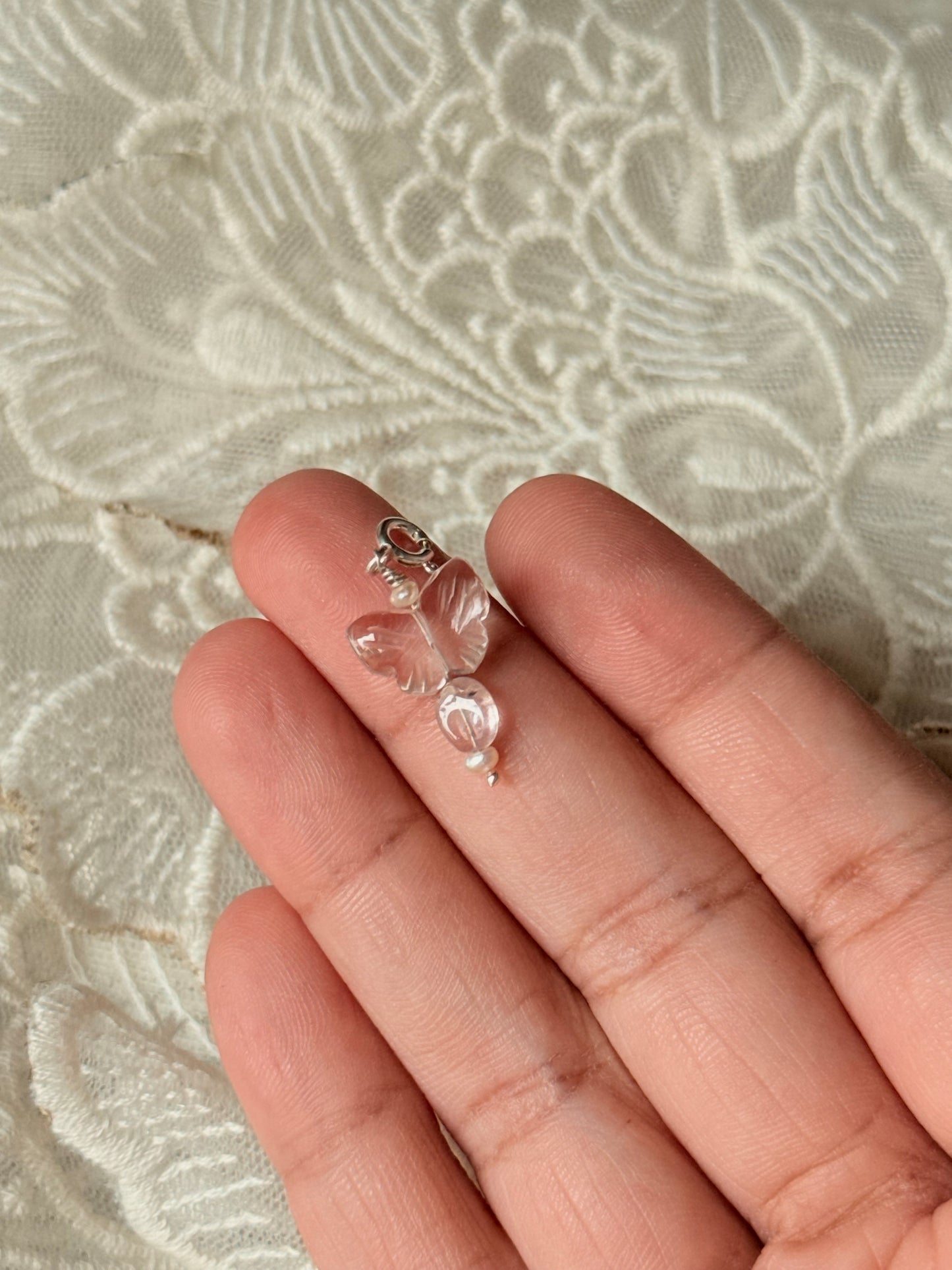 925 Sterling Silver Clear Quartz Butterfly Carved -Pink Tourmaline & Pearls Wire Wrapped Handcrafted Pendant