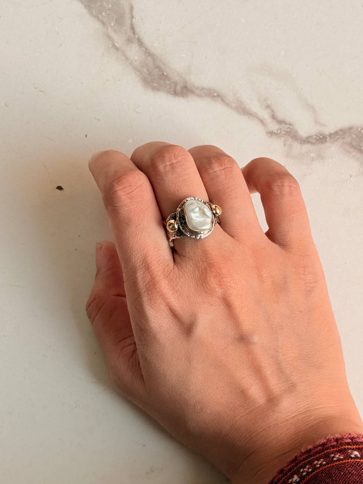 925 Sterling Silver Baroque Pearl Rustic Fusion Handcrafted Ring