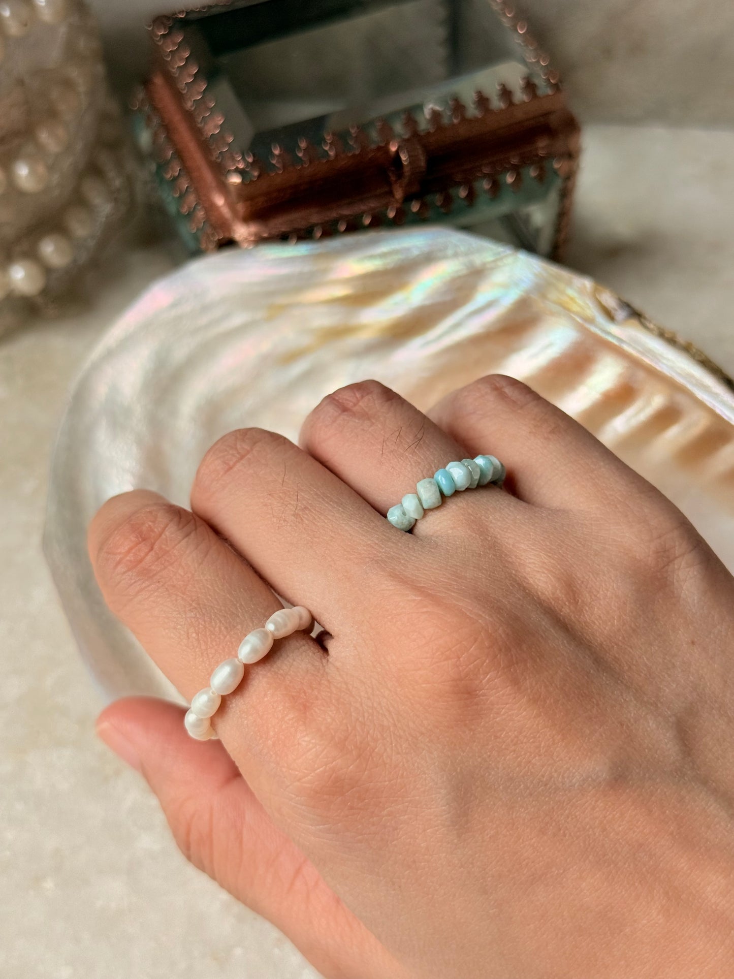 Natural Crystal Stretchy Larimar 3-4mm & Fresh Water Pearl Rings