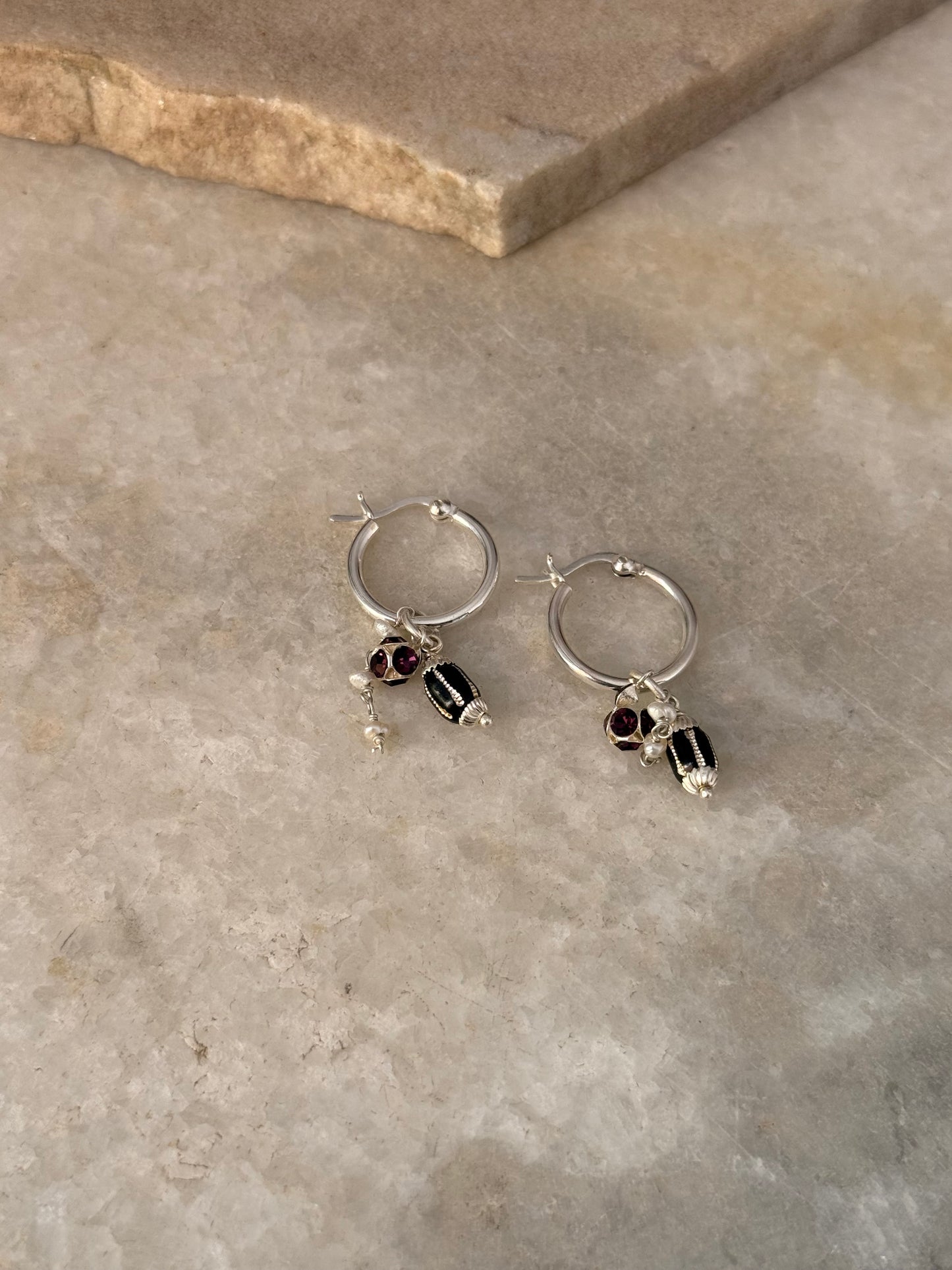 925 Sterling Silver Black, Burgundy Pearl Removal Charm Italian Hoops