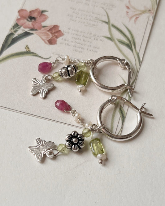 Floral garden silver hoops with peridot, pearls, and pink tourmaline charms  