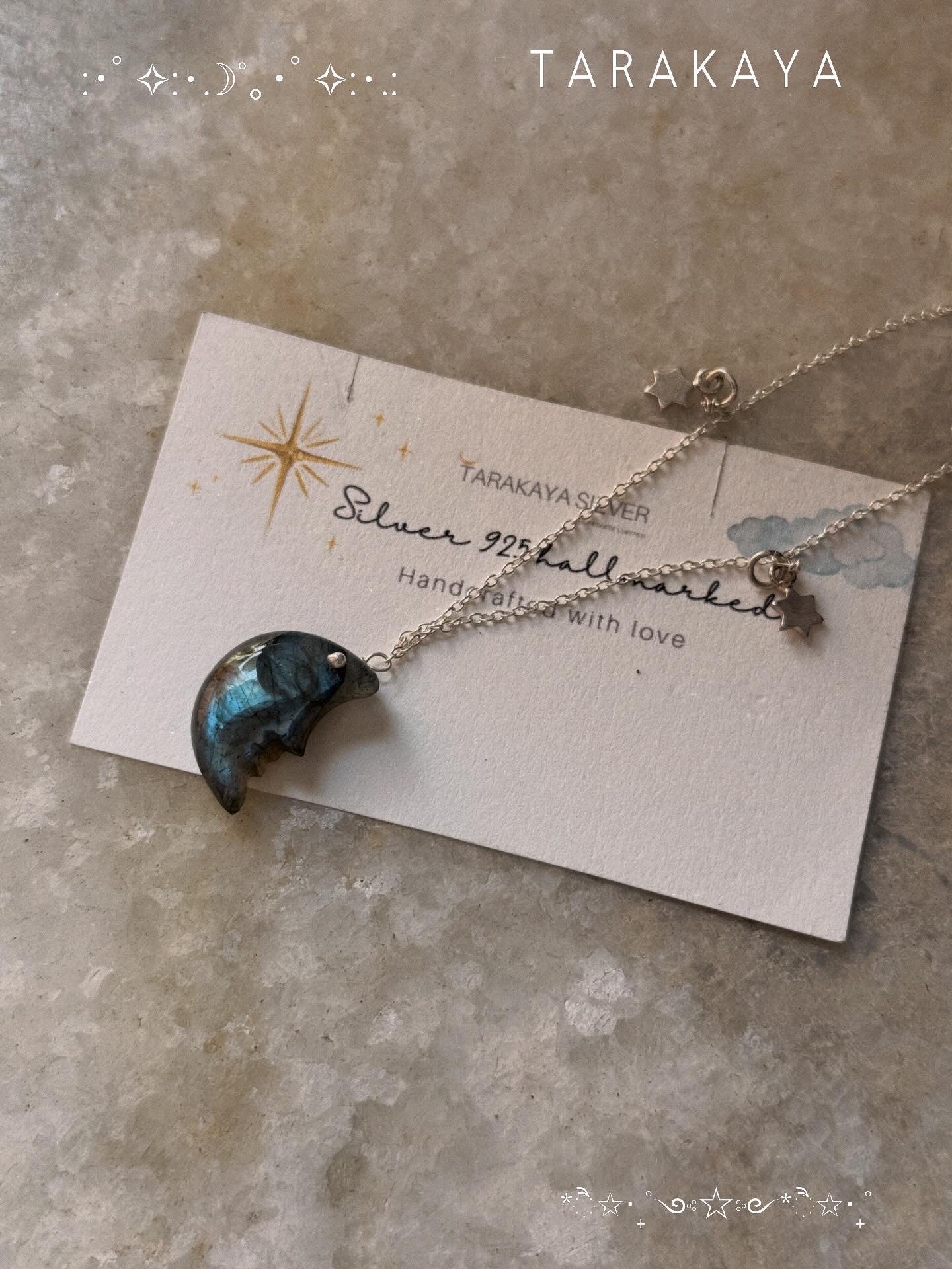 925 Sterling Silver Labradorite Half Moon Face Double Silver Star Handcrafted Necklace