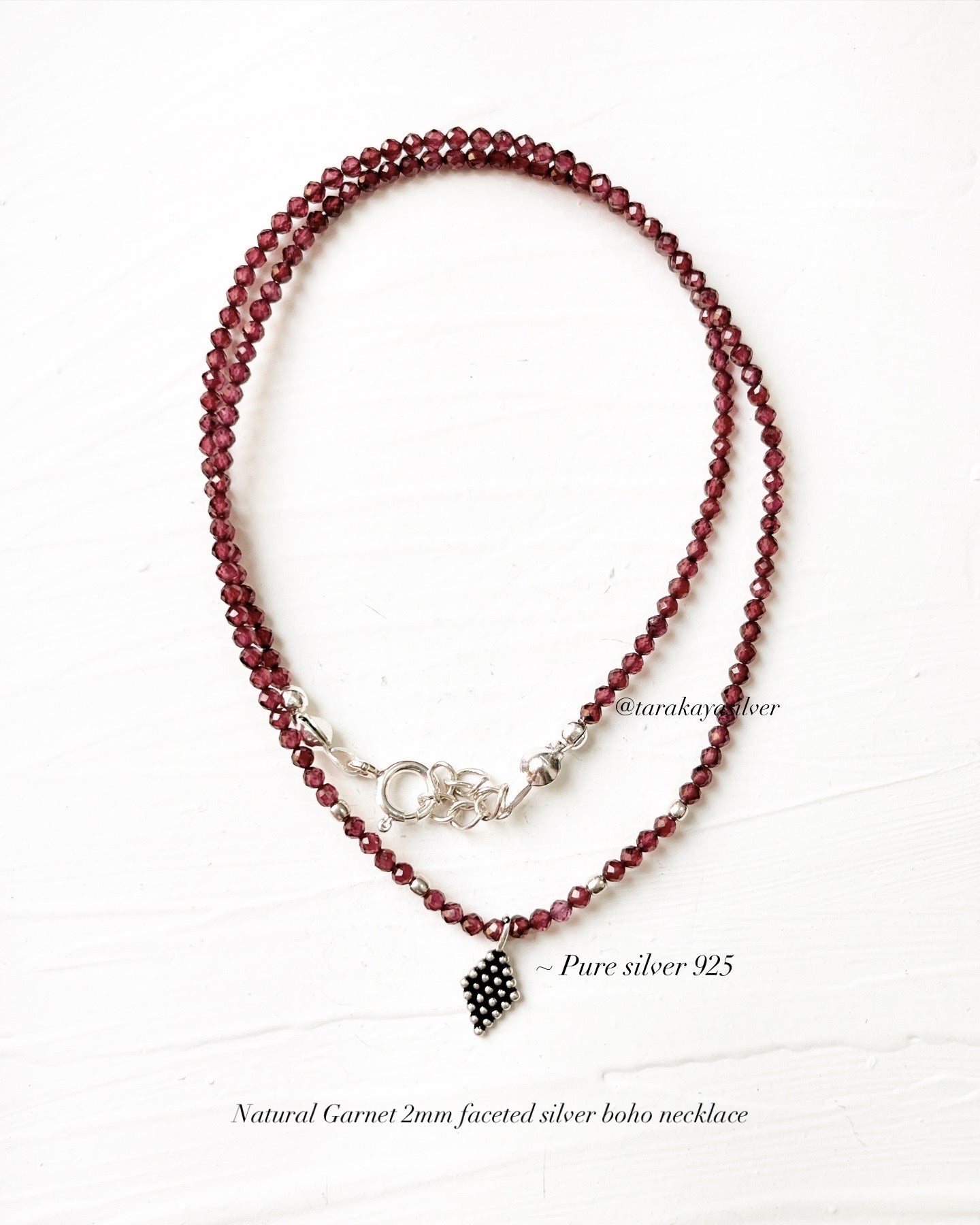 Garnet Round faceted 2MM Tribal Natural Crystal Boho Sterling Silver 925 Necklace