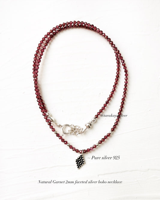 Garnet Round faceted 2MM Tribal Natural Crystal Boho Sterling Silver 925 Necklace