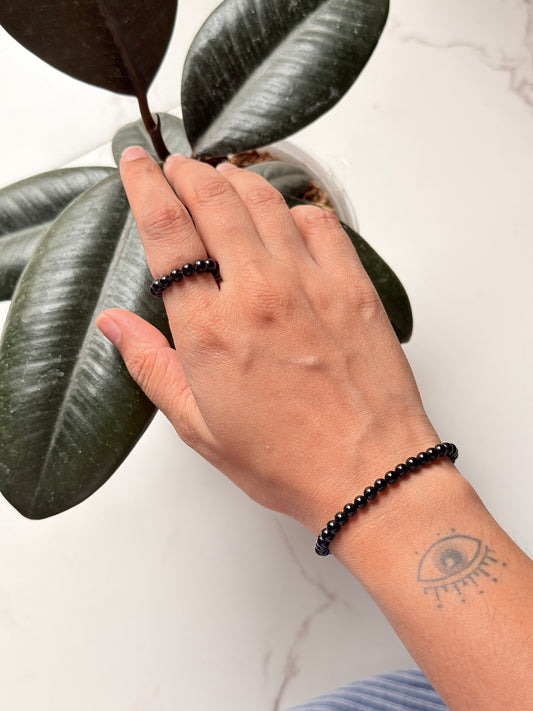 Natural Crystal Black Obsidian 4mm Stretchy Rings & Bracelet