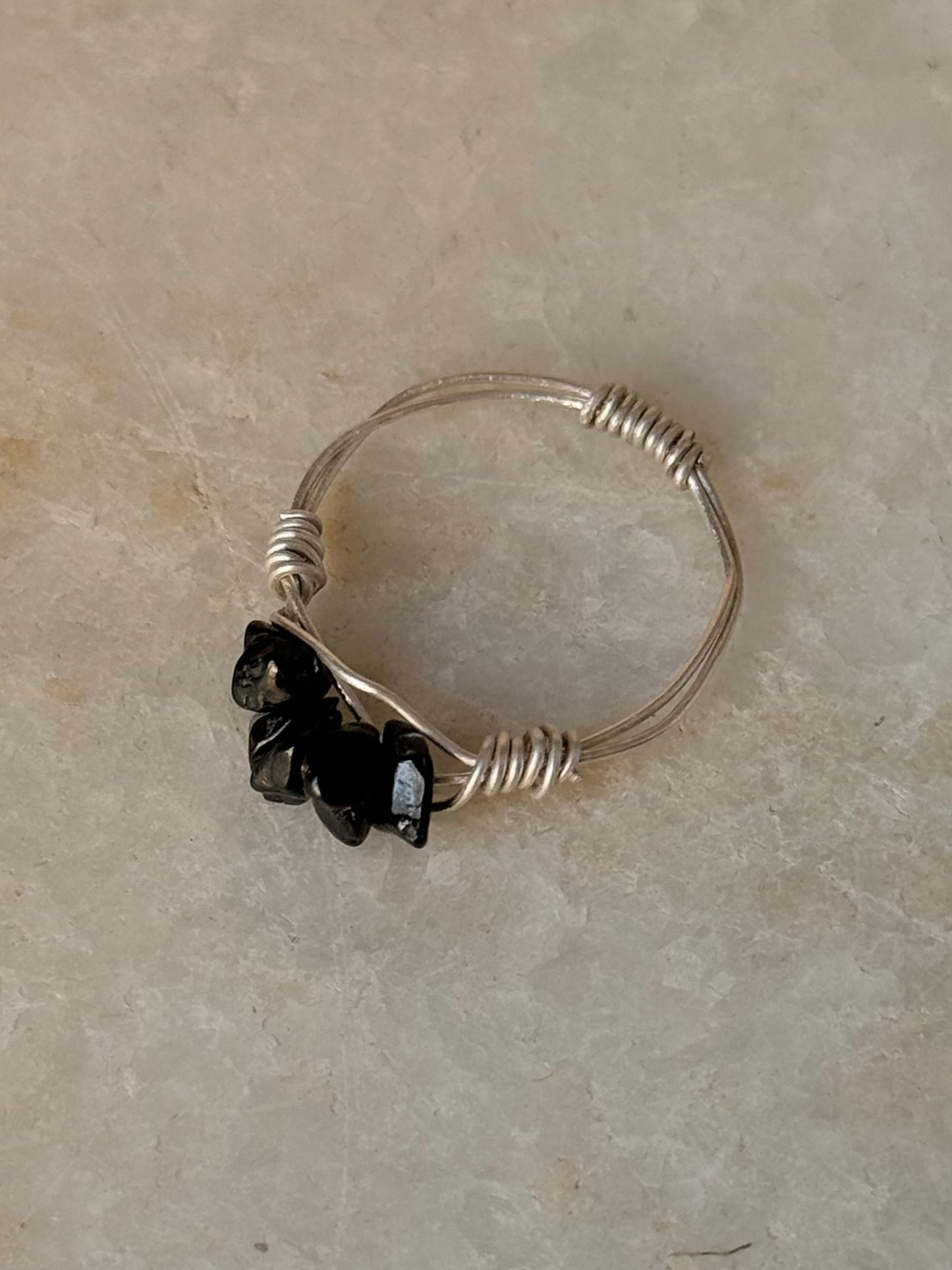 925 Sterling Silver Black Tourmaline Chips Wire Wrapped Handcrafted Ring