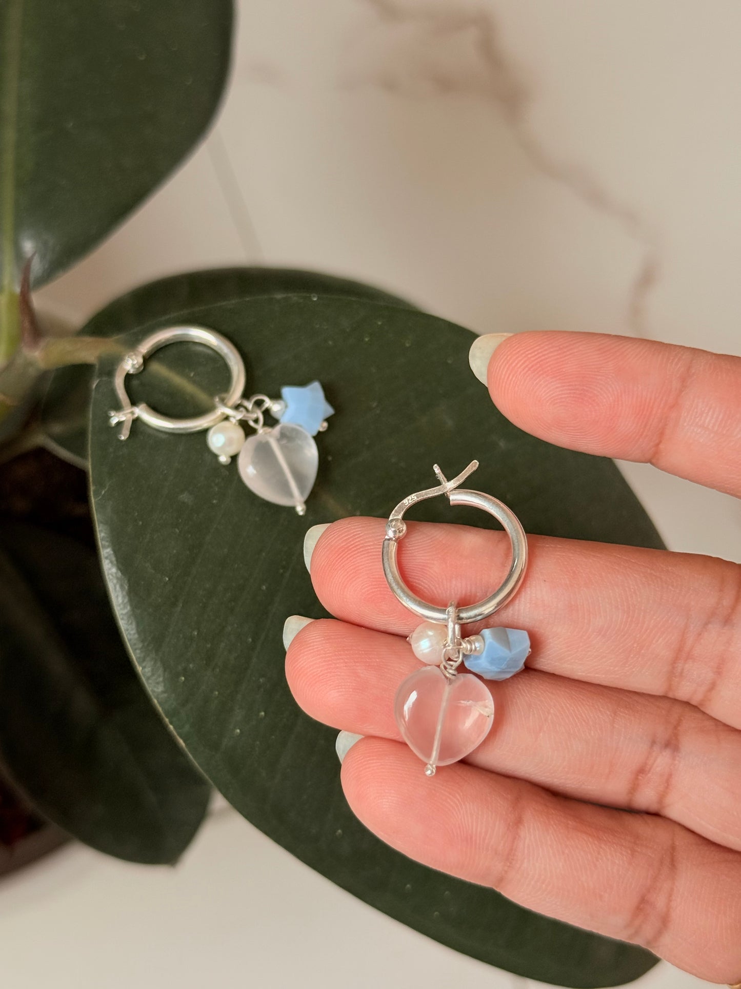 925 Sterling Silver Rose Quartz Heart, Opal Star and Fresh Water Pearl Handcrafted Hoops